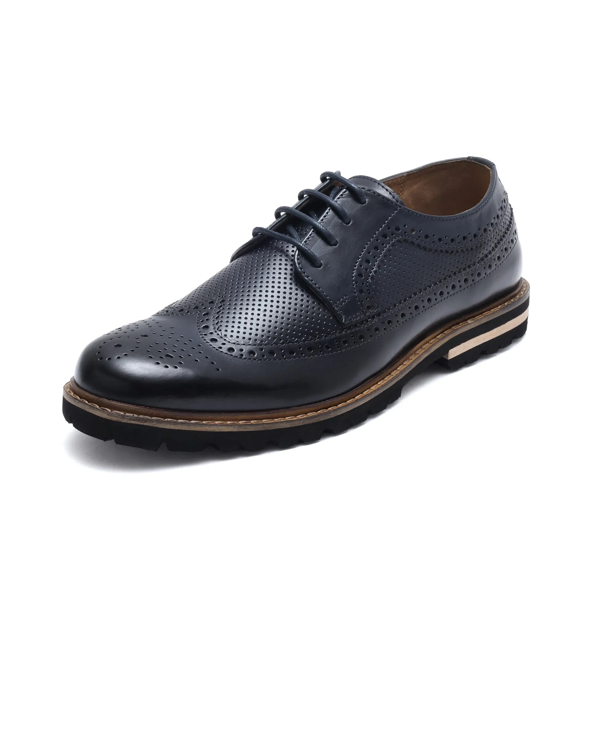 Rare Rabbit Mens Brox Navy Derby Lace-Up Brogue Detailing Leather Formal Shoes