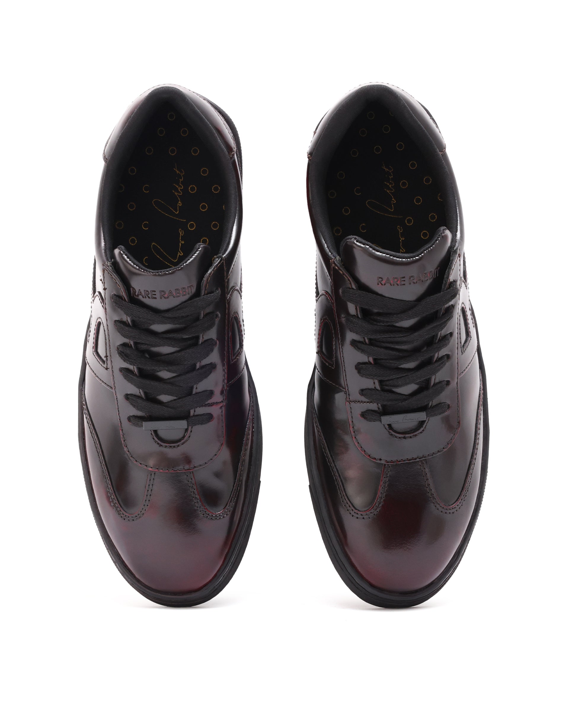 Rare Rabbit Mens Mercury Maroon Shiny Brush Off Leather Lace Up Low Top Round Toe Smart Casual Sneaker Shoes