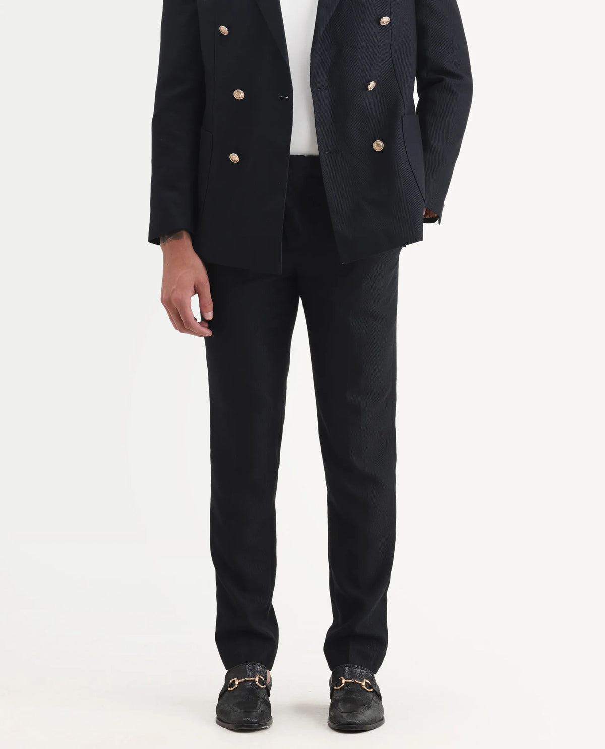 Rare Rabbit Men's Sierra Dark Navy Polyester Plain Tailored Fit Full Sleeve Lapel Neck Suits