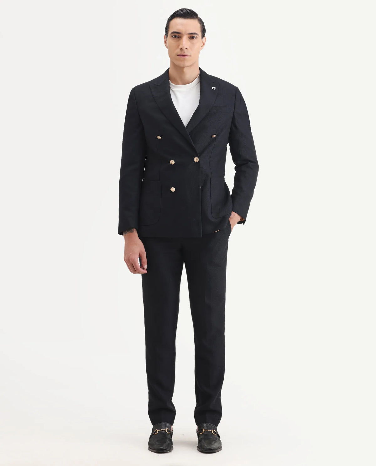 Rare Rabbit Men's Sierra Dark Navy Polyester Plain Tailored Fit Full Sleeve Lapel Neck Suits