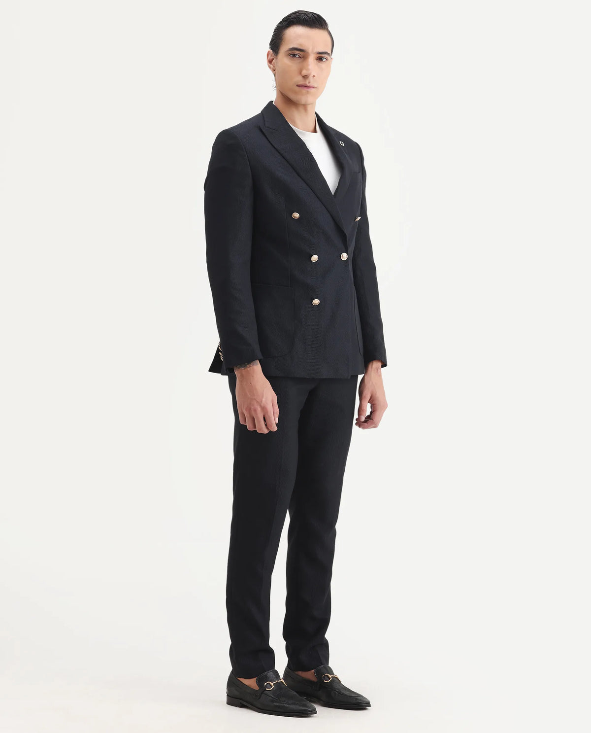 Rare Rabbit Men's Sierra Dark Navy Polyester Plain Tailored Fit Full Sleeve Lapel Neck Suits