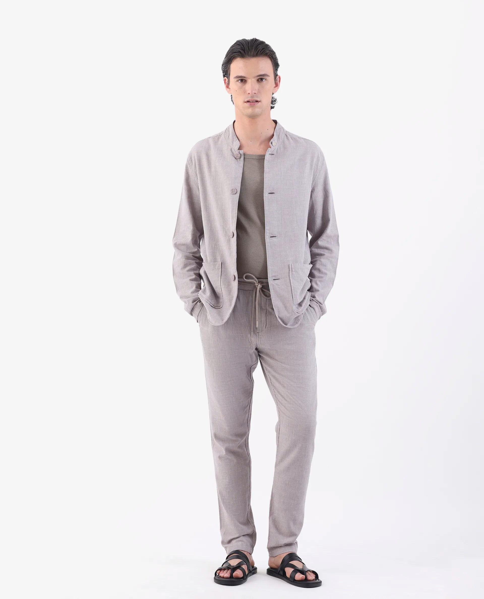 Rare Rabbit Men's Brera Puprle Linen Blend Striped Print Regular Fit Trouser