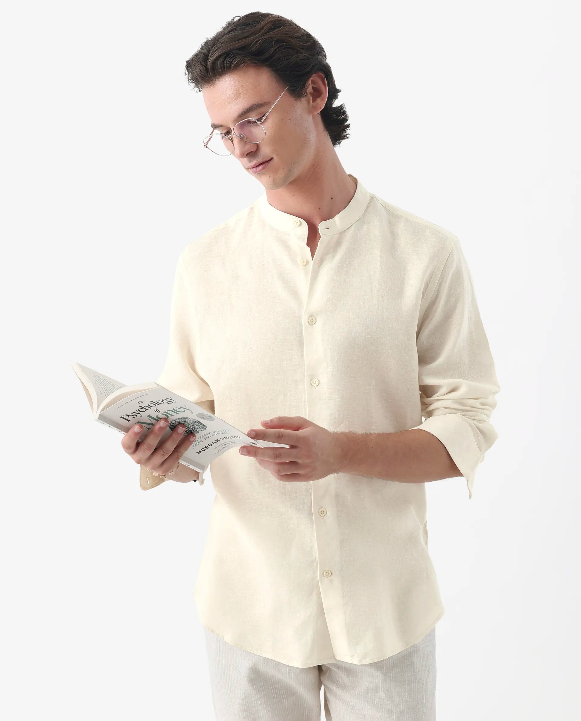 Rare Rabbit Men's Cinex Ls-25 Off White Linen Blend Plain Regular Fit Full Sleeve Mandarin Collar Shirt