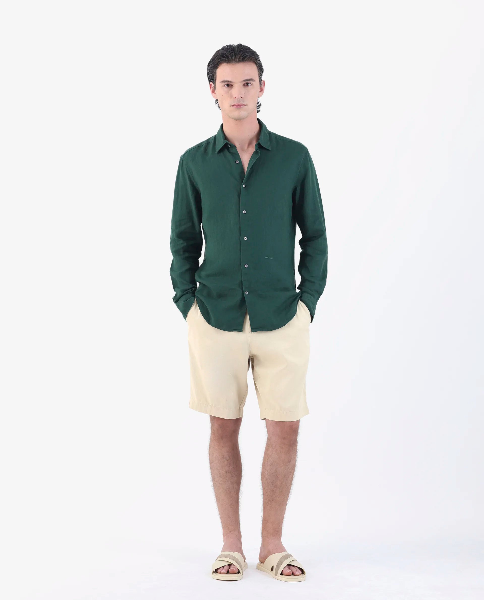 Rare Rabbit Men's Edam Beige Linen Blend Plain Relaxed Fit Shorts