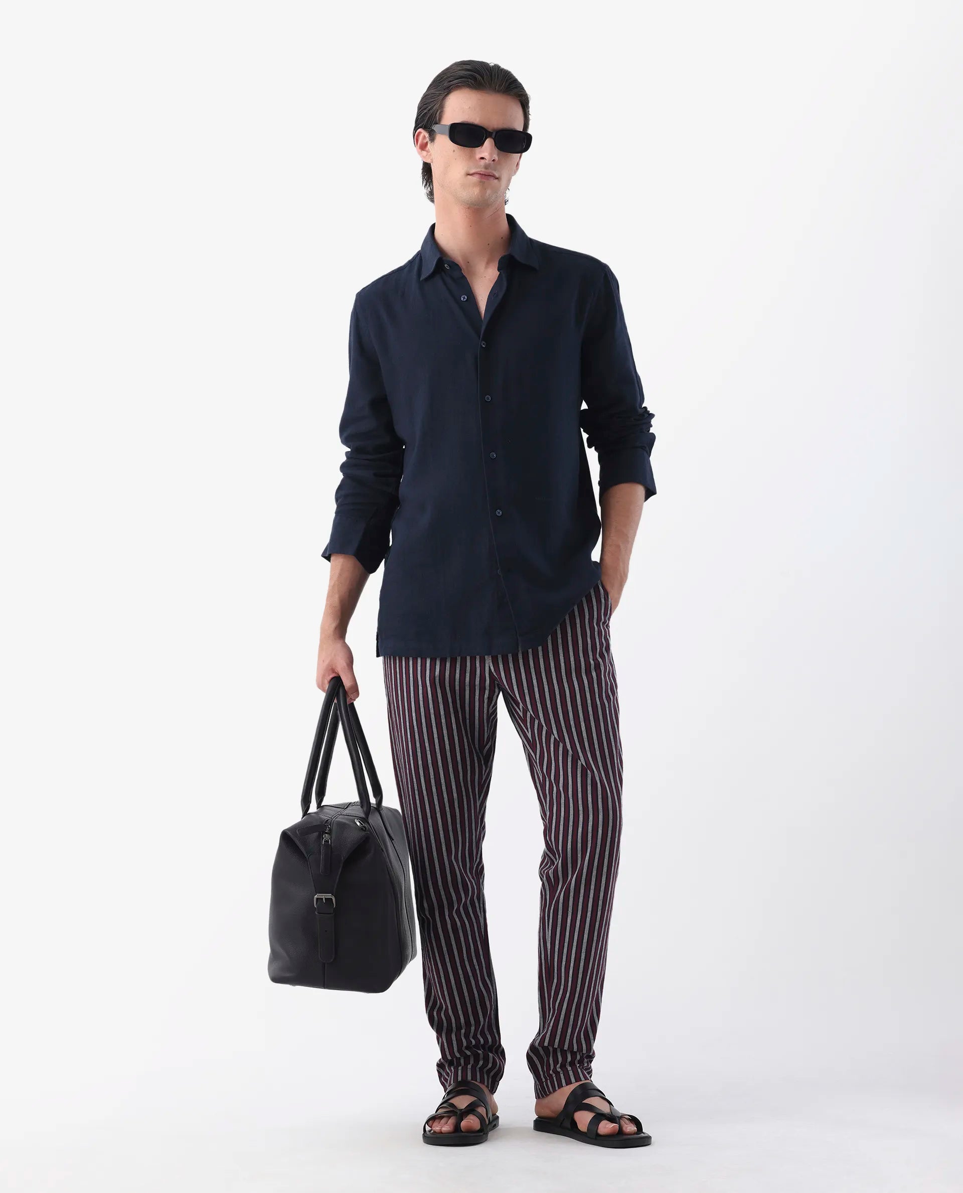 Rare Rabbit Men's Kimo Maroon Linen Blend Striped Print Regular Fit Trouser