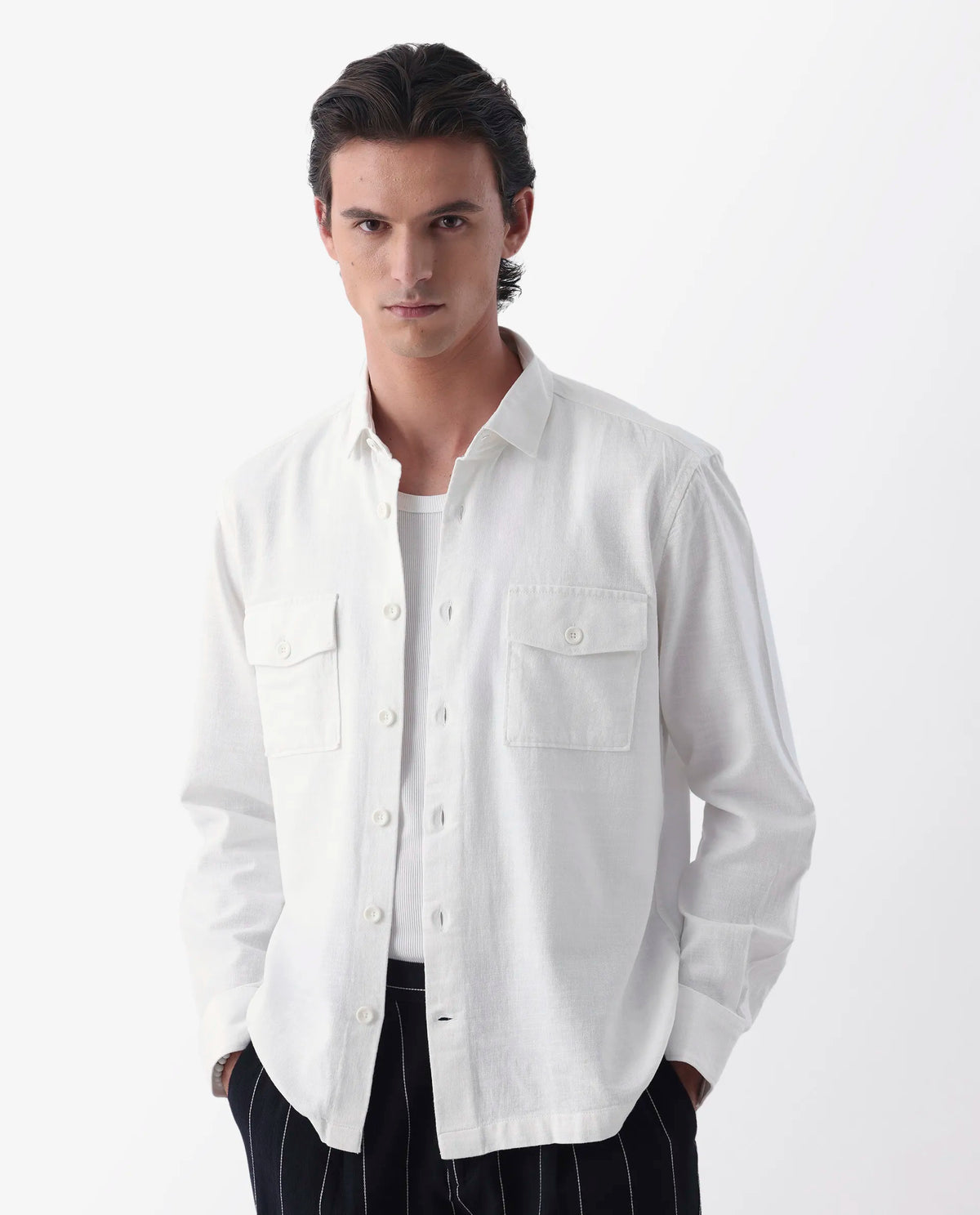 Rare Rabbit Men's Lang White Linen Blend Plain Regular Fit Full Sleeve Spread Collar Shirt