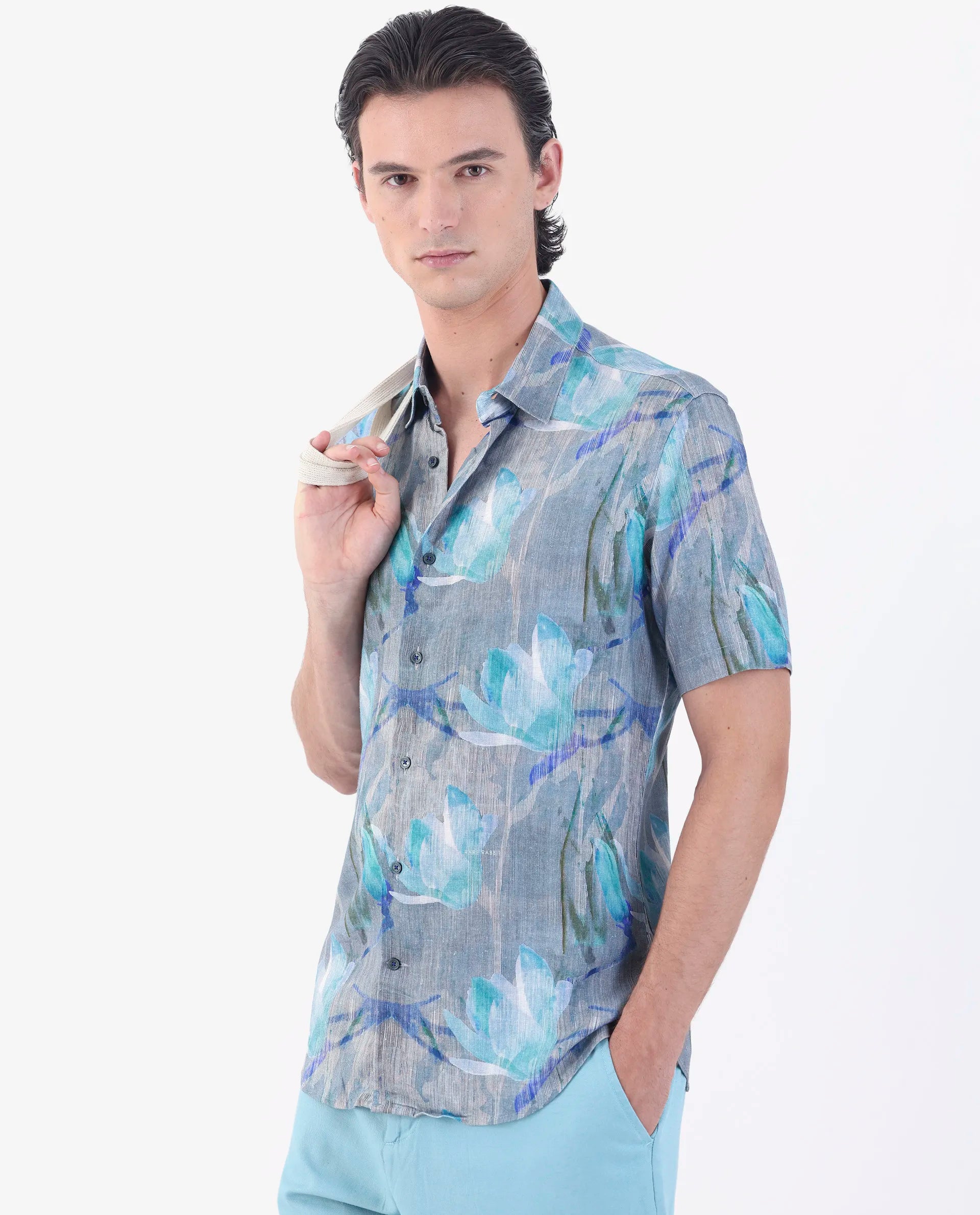 Rare Rabbit Men's Luken Blue 100% Linen Floral Print Regular Fit Half Sleeve Collared Shirt
