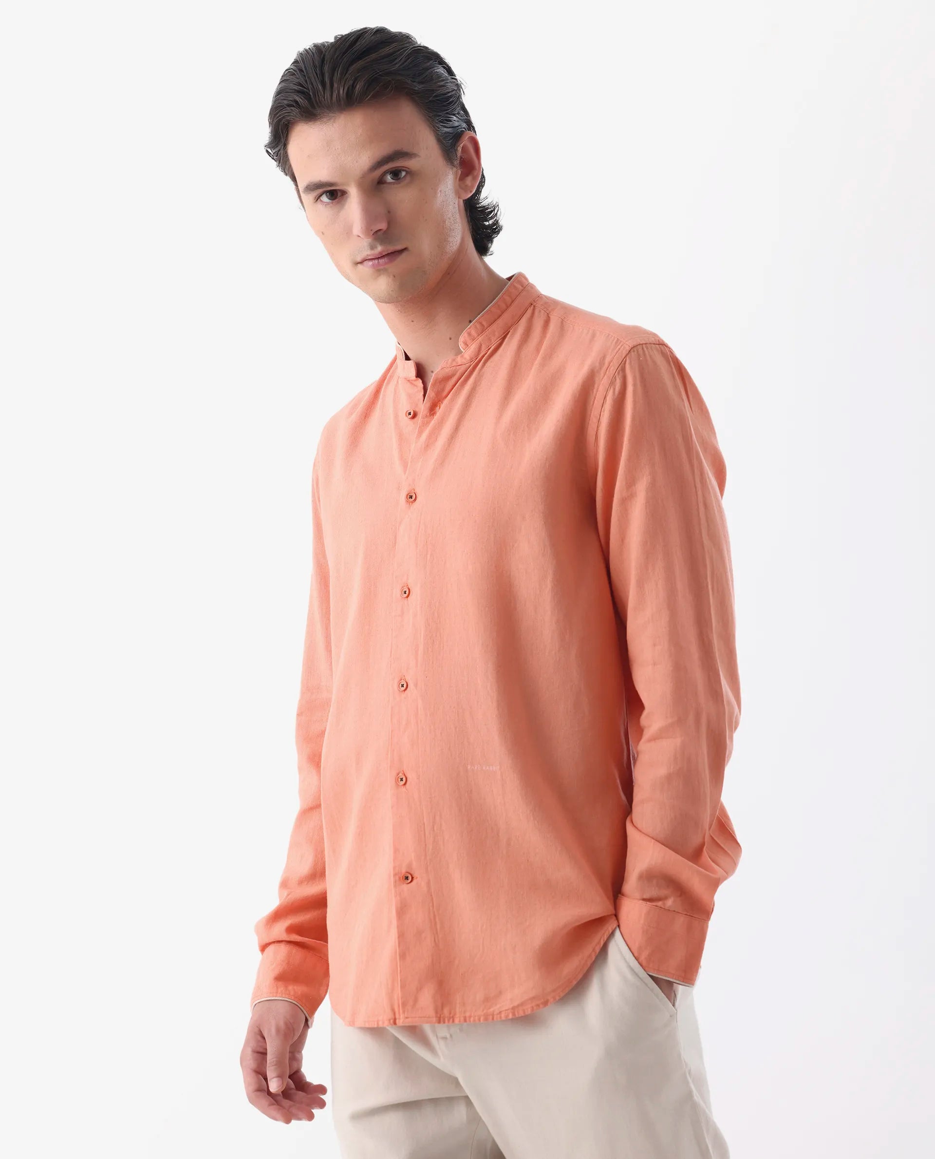 Rare Rabbit Men's Manderin Orange 100% Linen Plain Regular Fit Full Sleeve Mandarin Collar Shirt