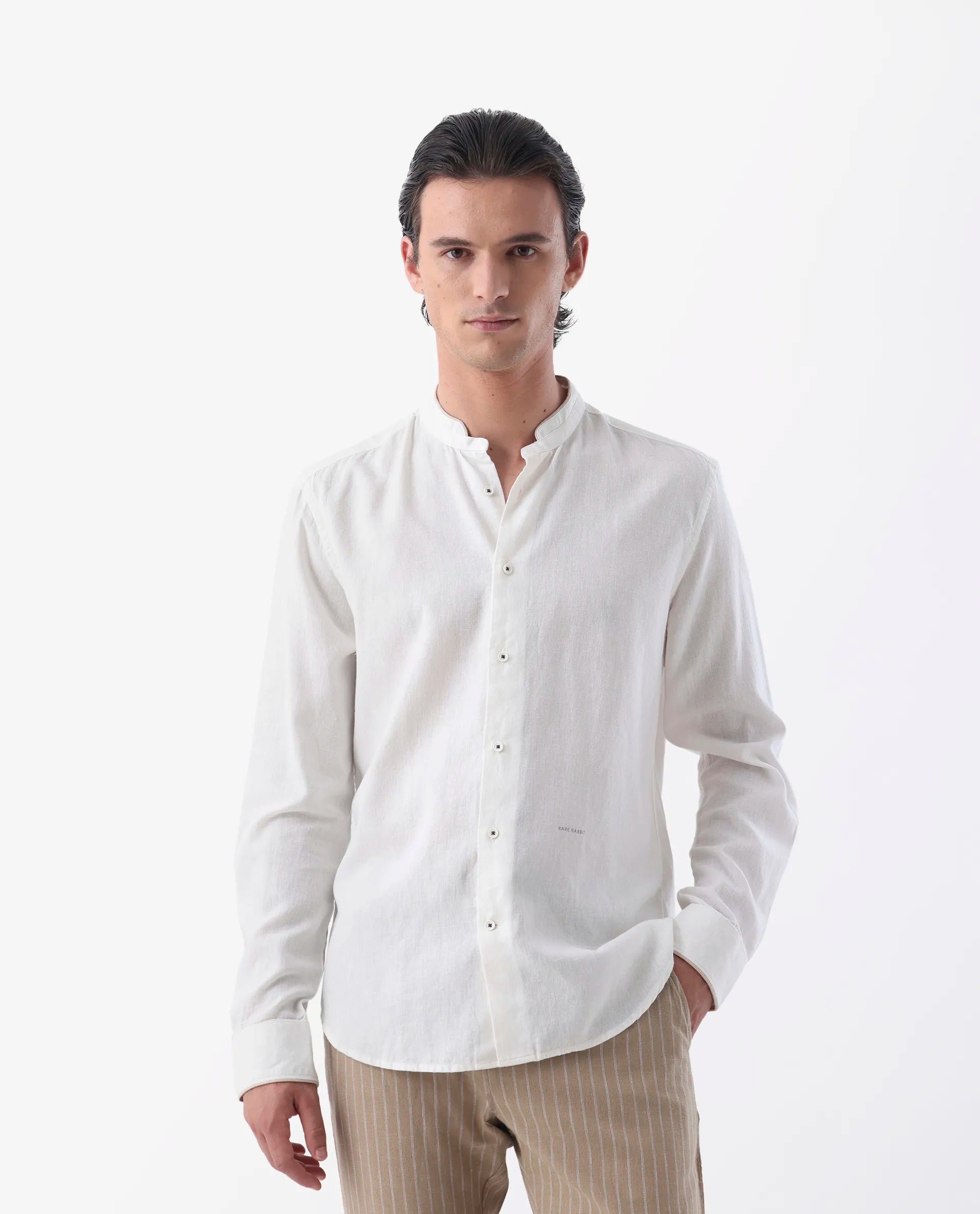 Rare Rabbit Men's Manderin White 100% Linen Plain Regular Fit Full Sleeve Mandarin Collar Shirt