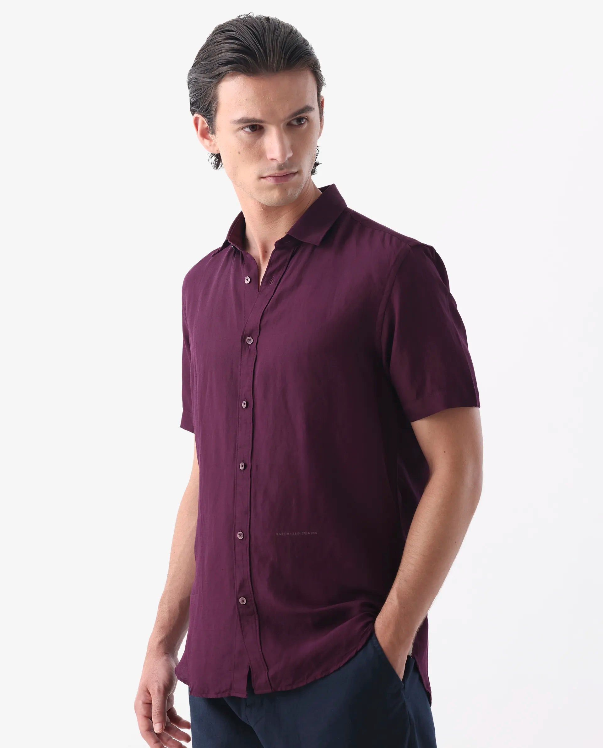 Rare Rabbit Men's Mik Dark Maroon Linen Blend Plain Regular Fit Half Sleeve Collared Shirt