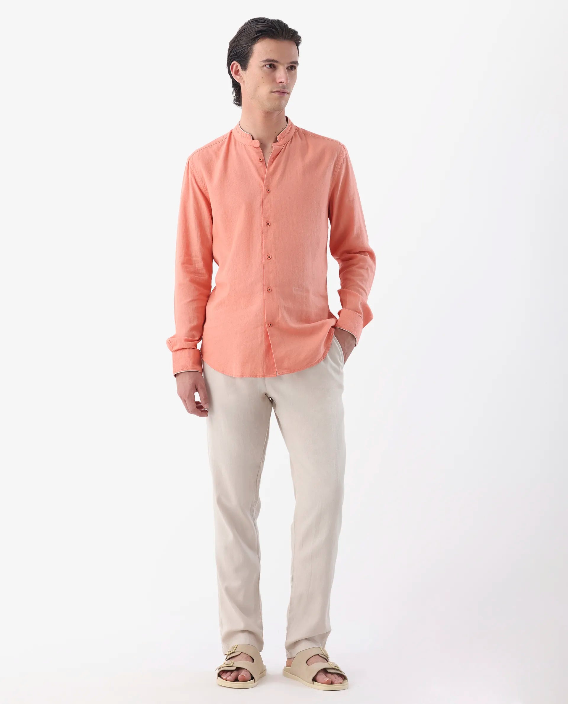 Rare Rabbit Men's Reric Pastel Beige Linen Blend Plain Regular Fit Trouser