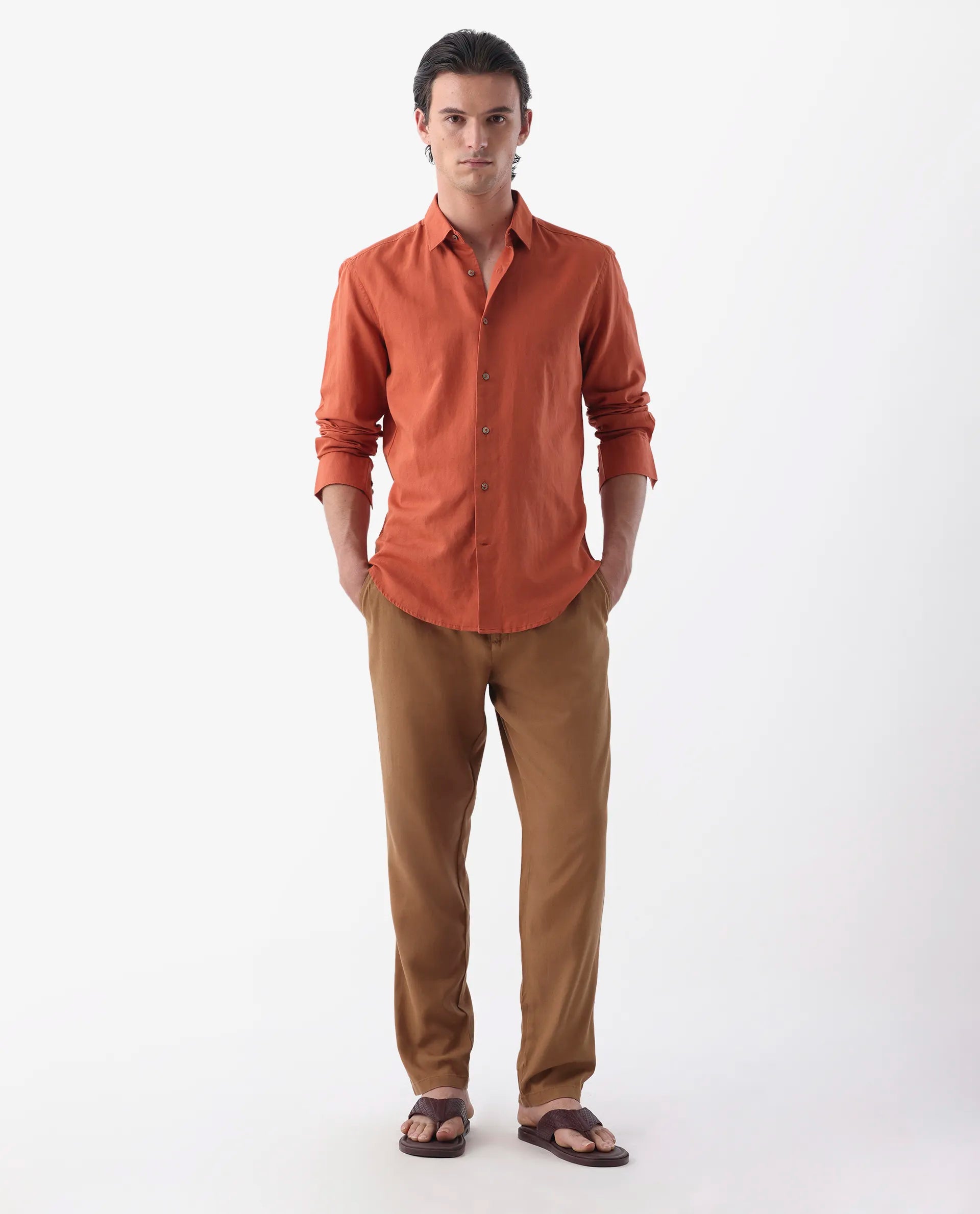 Rare Rabbit Men's Reric Pastel Brown Linen Blend Plain Regular Fit Trouser