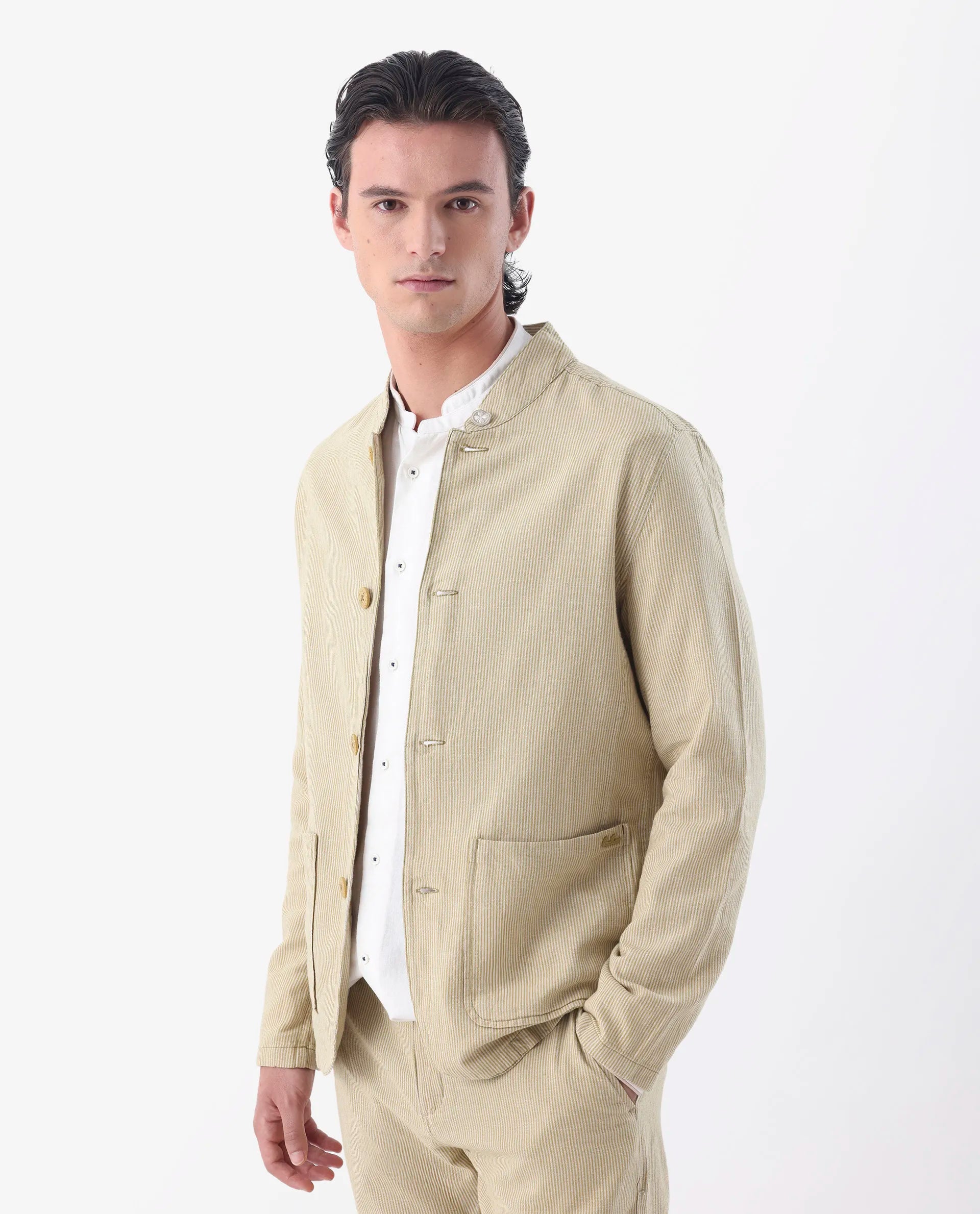 Rare Rabbit Men's Trex Mustard Linen Blend Striped Print Regular Fit Full Sleeve Mandarin Collar Jacket