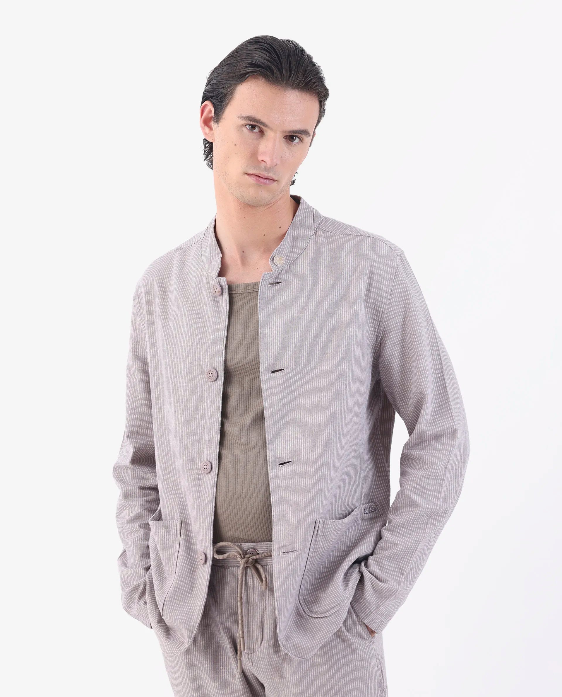 Rare Rabbit Men's Trex Pink Linen Blend Striped Print Regular Fit Full Sleeve Mandarin Collar Jacket