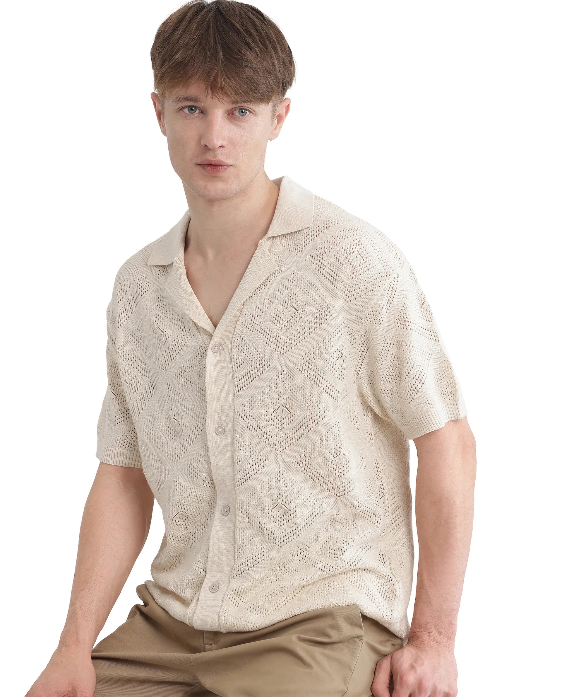 Rare Rabbit Men Wats White Cotton Fabric Short Sleeve Cuban Collared Button Closure Knitted Plain Shirt