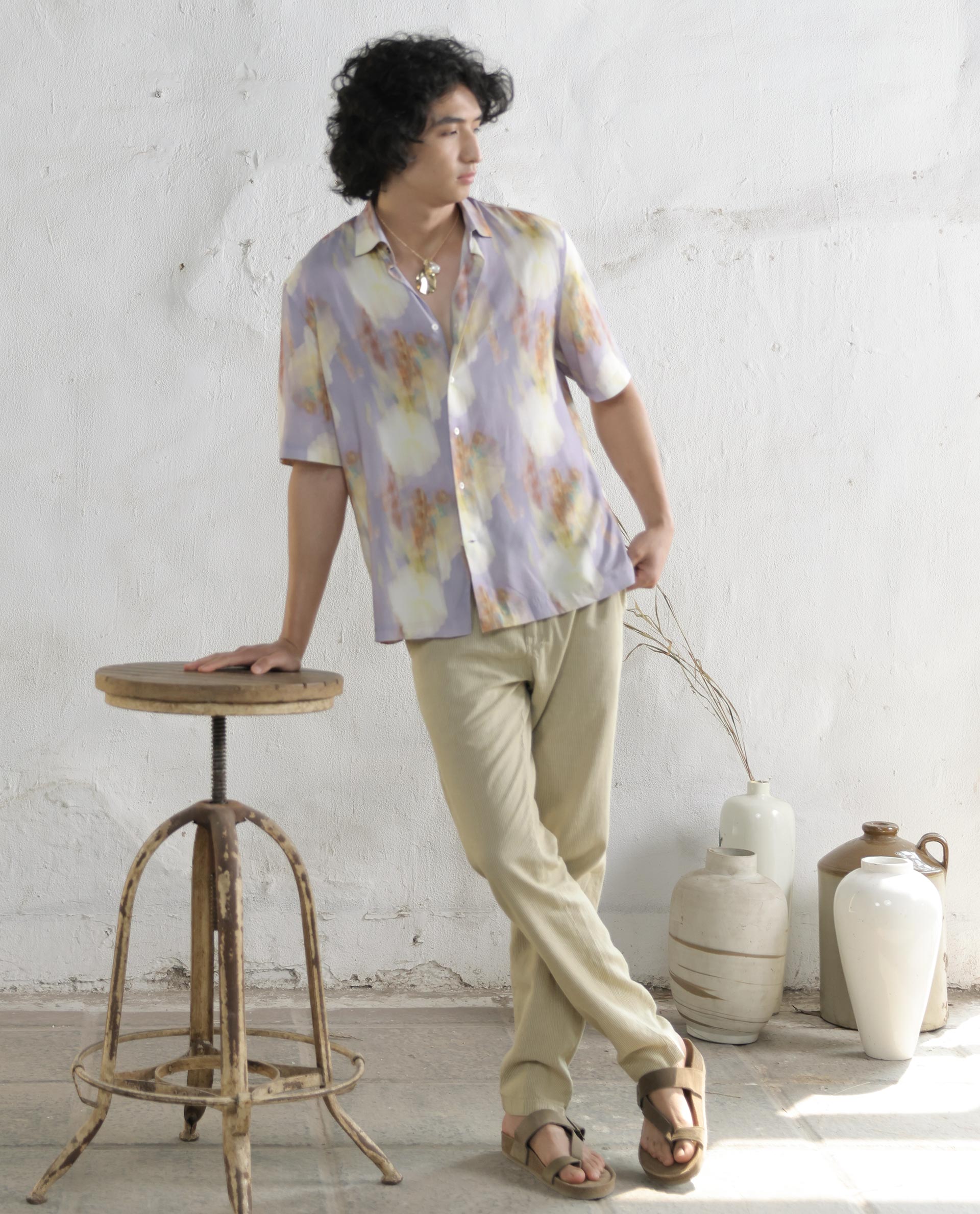 Rare Rabbit Mens Plushy SS Pastel Purple Viscose Fabric Short Sleeve Abstract Print Shirt