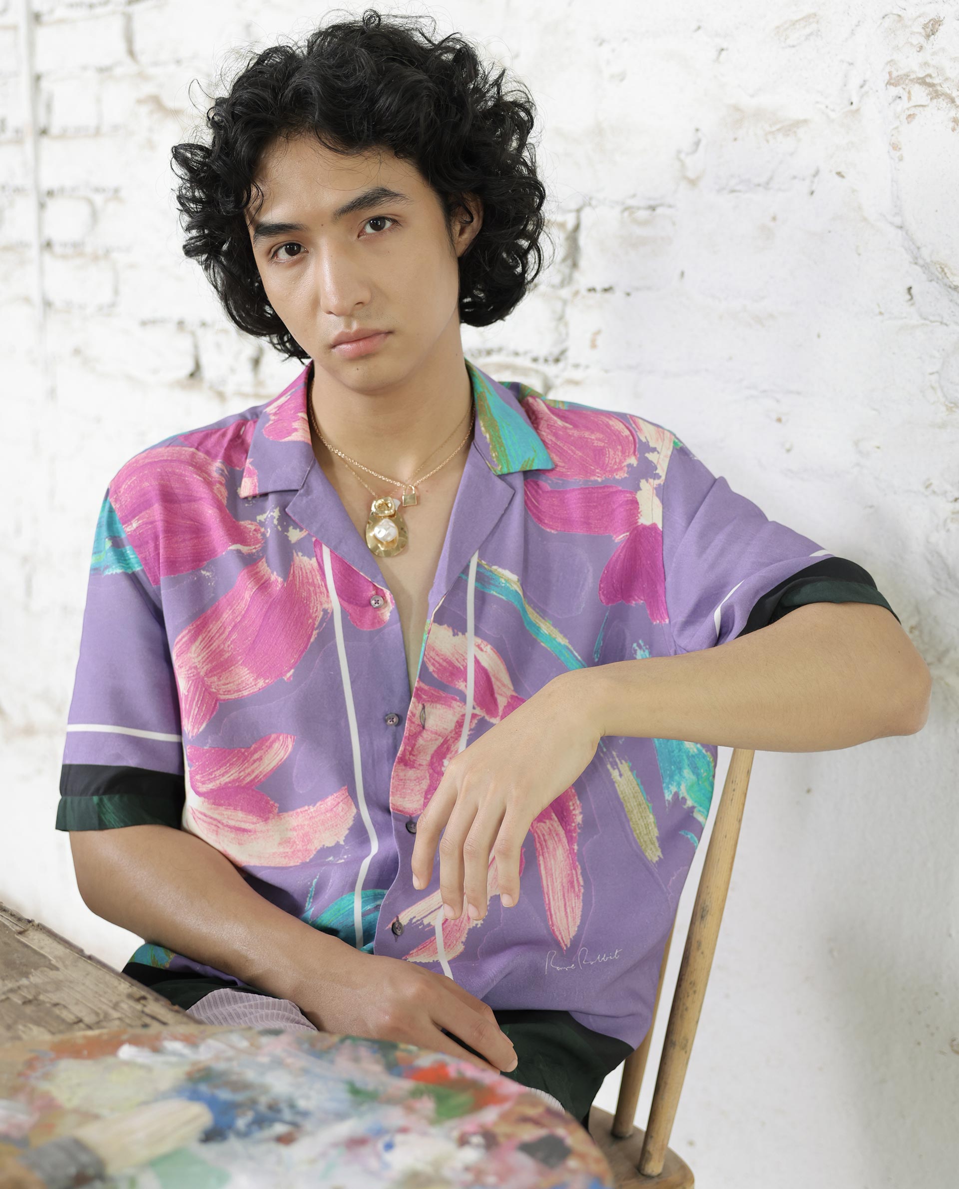 Rare Rabbit Mens Casa Purple Viscose Fabric Cuban Collar Half Sleeves Boxy Fit Floral Print Shirt