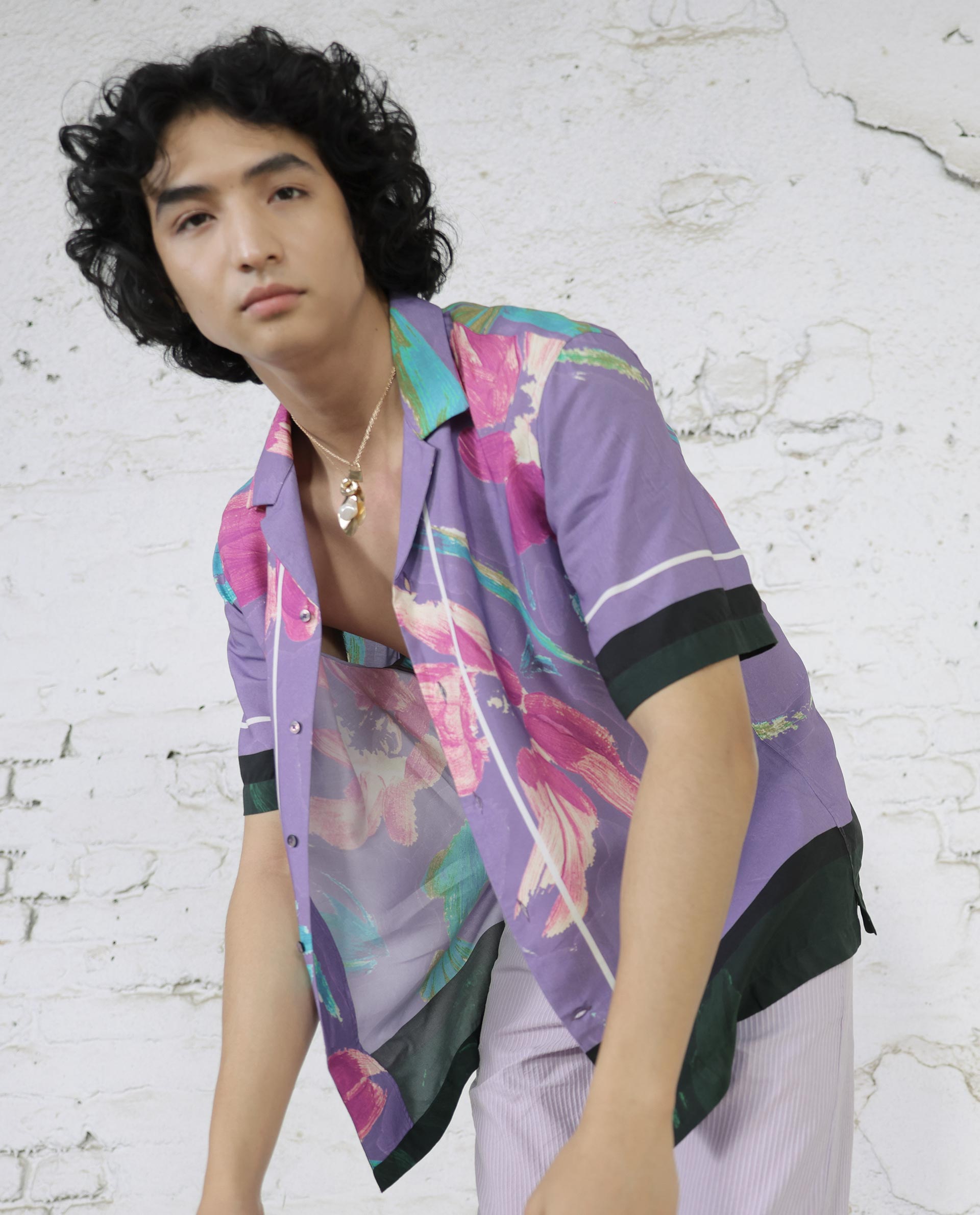 Rare Rabbit Mens Casa Purple Viscose Fabric Cuban Collar Half Sleeves Boxy Fit Floral Print Shirt