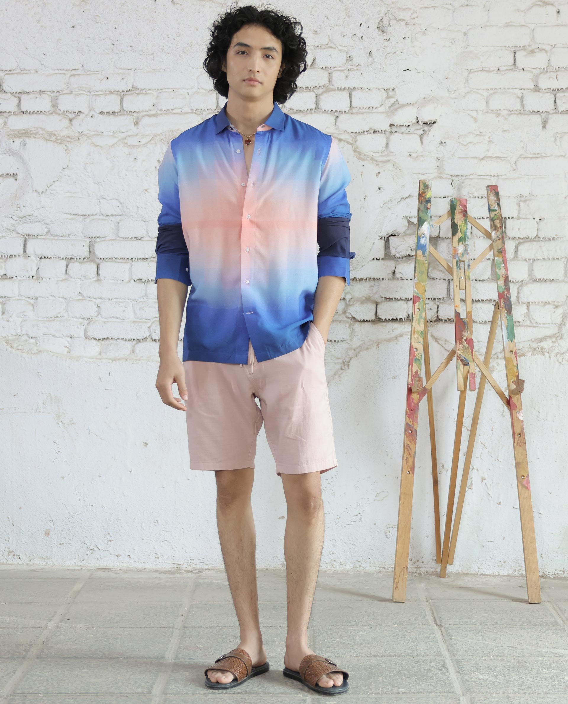 Rare Rabbit Men's Obroom Light Pink Viscose Fabric Full Sleeves Gradient Abstract Print Shirt