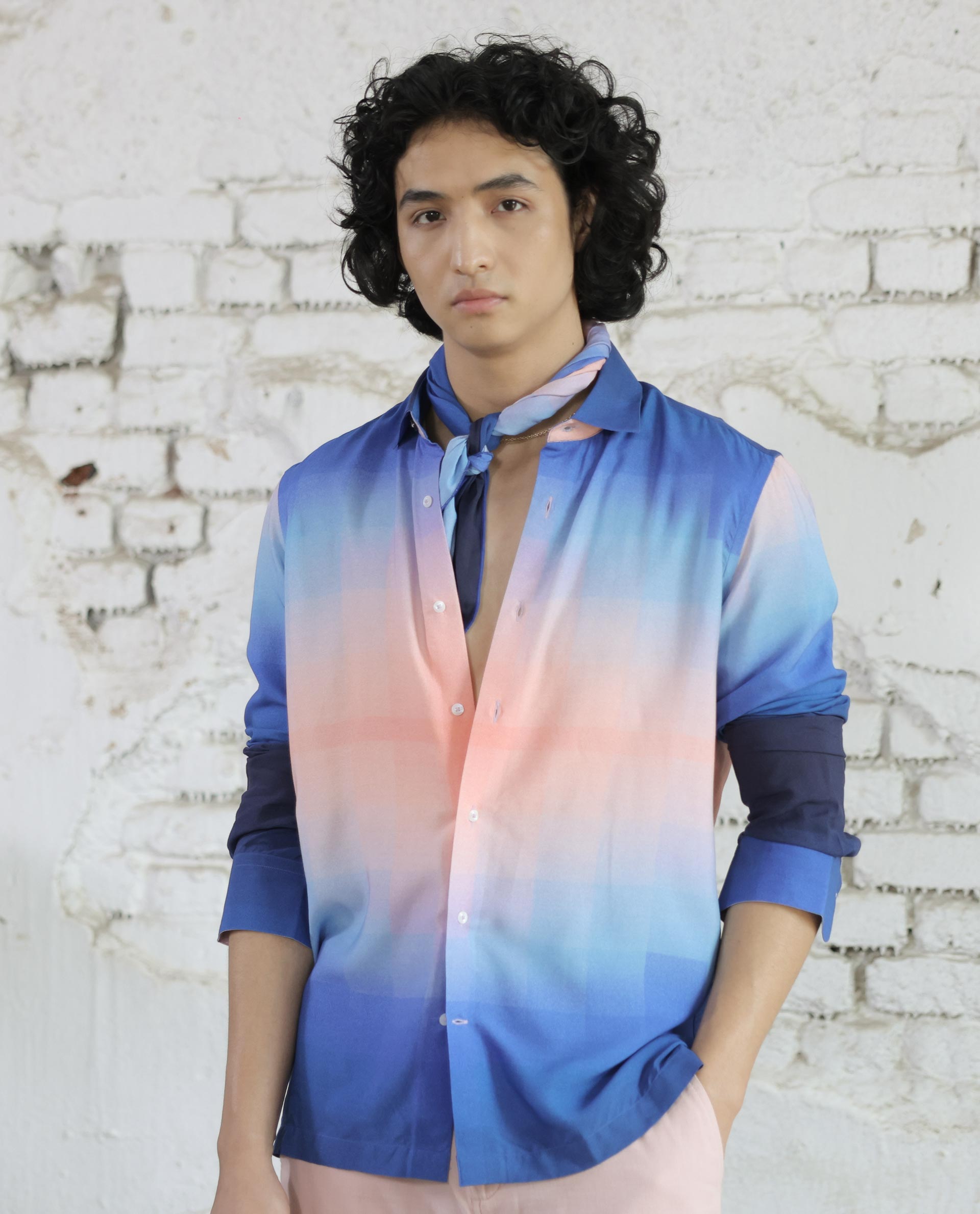 Rare Rabbit Men's Obroom Light Pink Viscose Fabric Full Sleeves Gradient Abstract Print Shirt