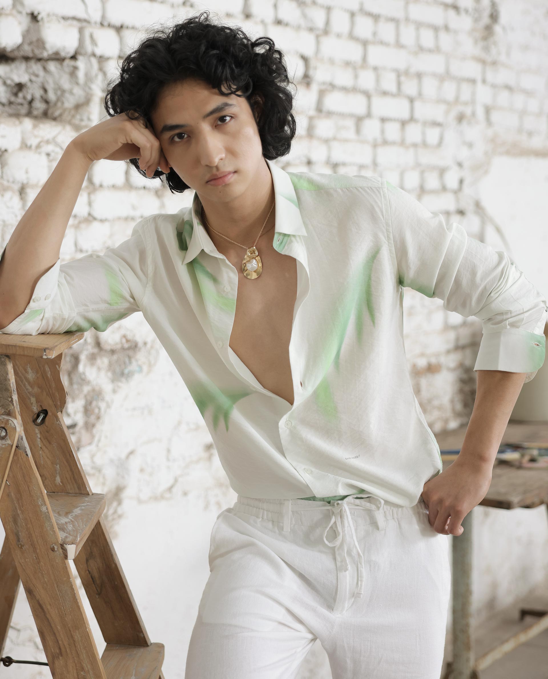 Rare Rabbit Mens Dezen Pastel Green Full Sleeve Tropical Print Shirt