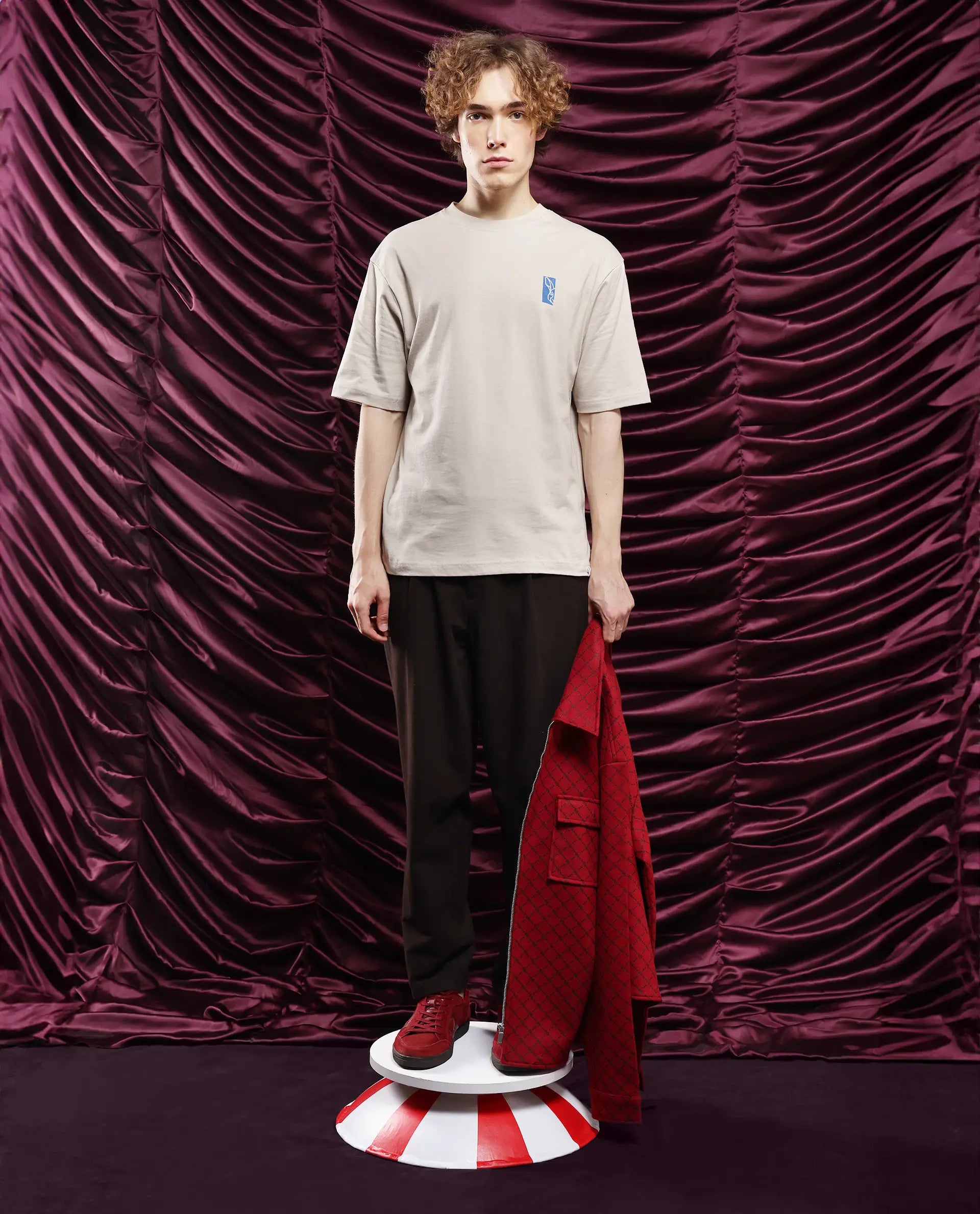 Rare Rabbit Men Hord Off White Cotton Fabric Short Sleeve Crew Neck Oversized Fit Graphic Back Print T-Shirt