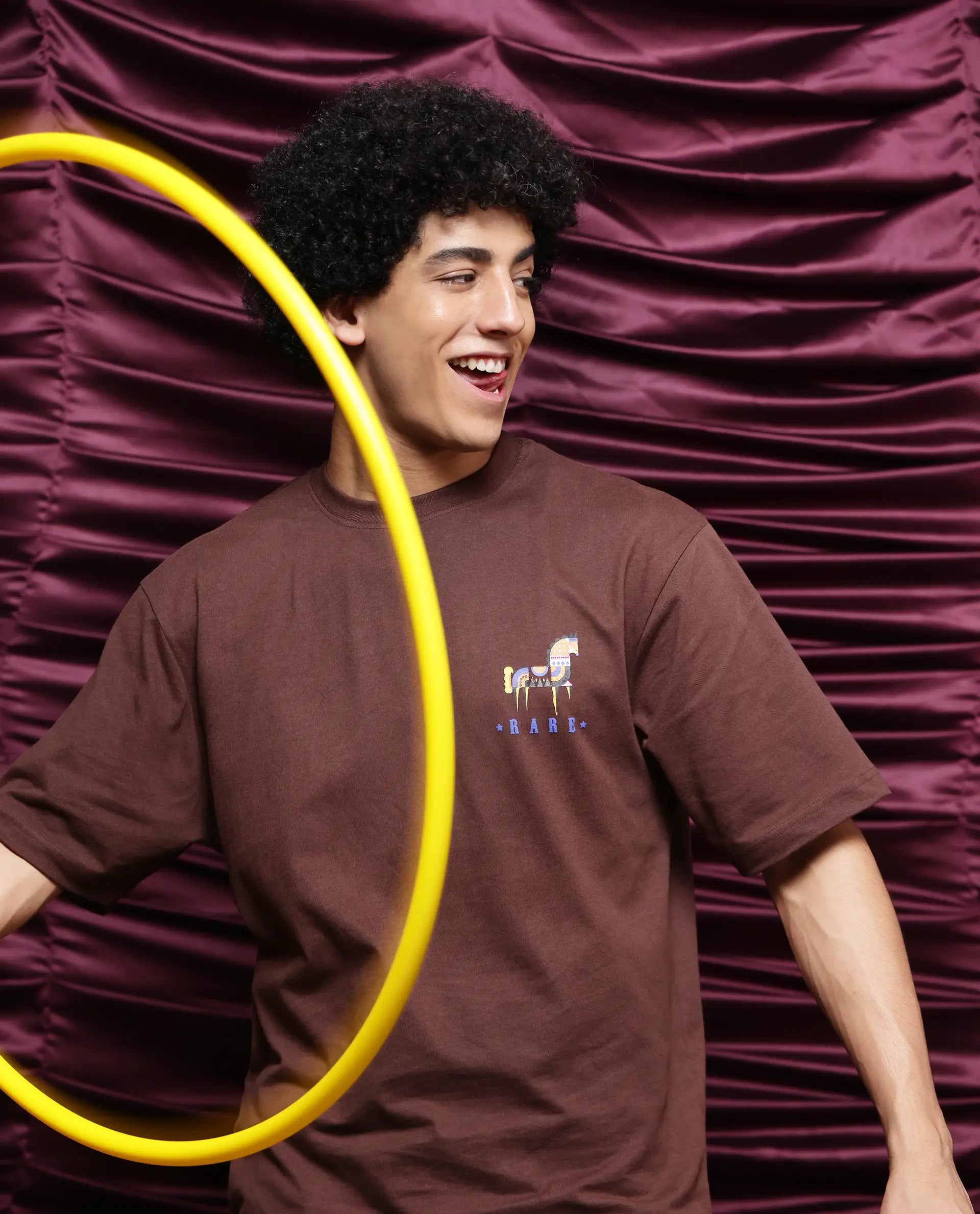 Rare Rabbit Men Carn Brown Short Sleeve Crew Neck Boxy Fit Printed T-Shirt