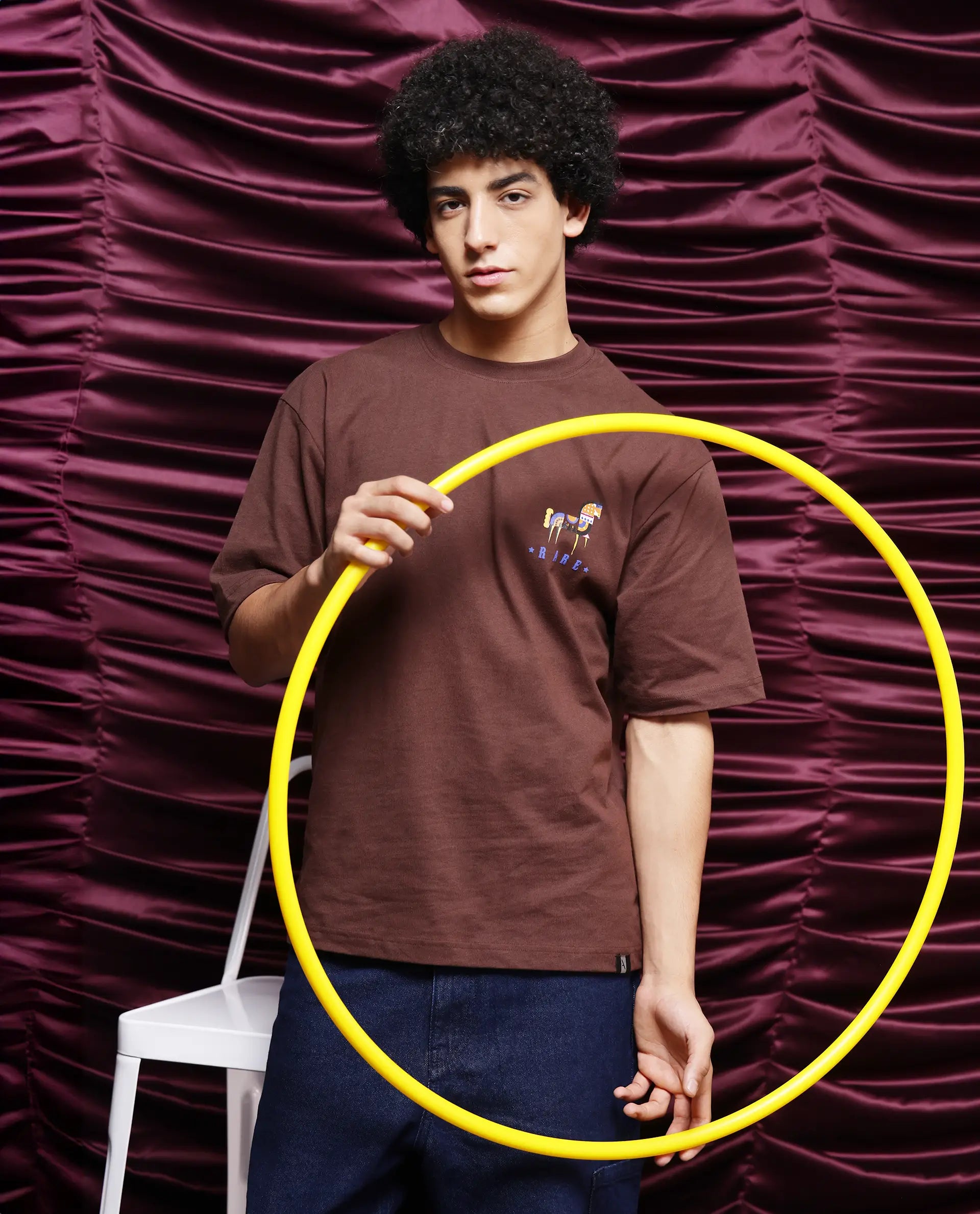 Rare Rabbit Men Carn Brown Short Sleeve Crew Neck Boxy Fit Printed T-Shirt