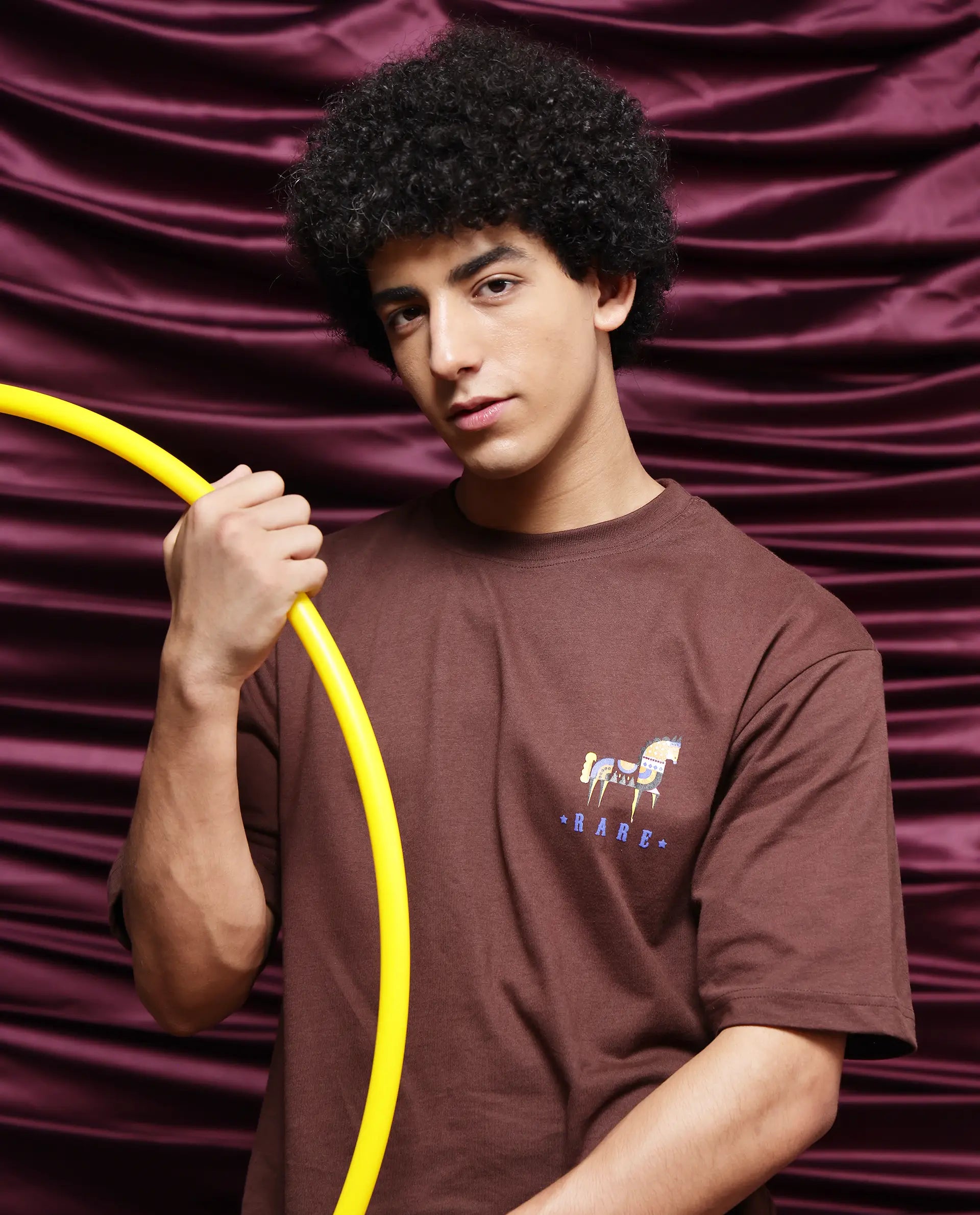 Rare Rabbit Men Carn Brown Short Sleeve Crew Neck Boxy Fit Printed T-Shirt