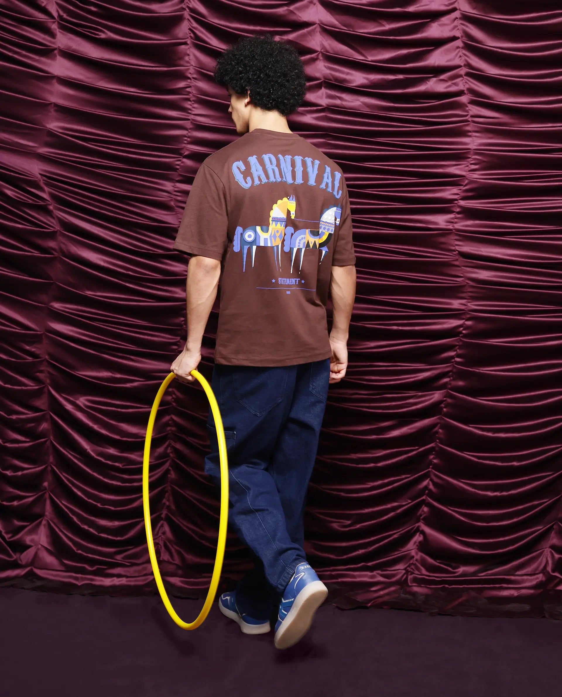 Rare Rabbit Men Carn Brown Short Sleeve Crew Neck Boxy Fit Printed T-Shirt