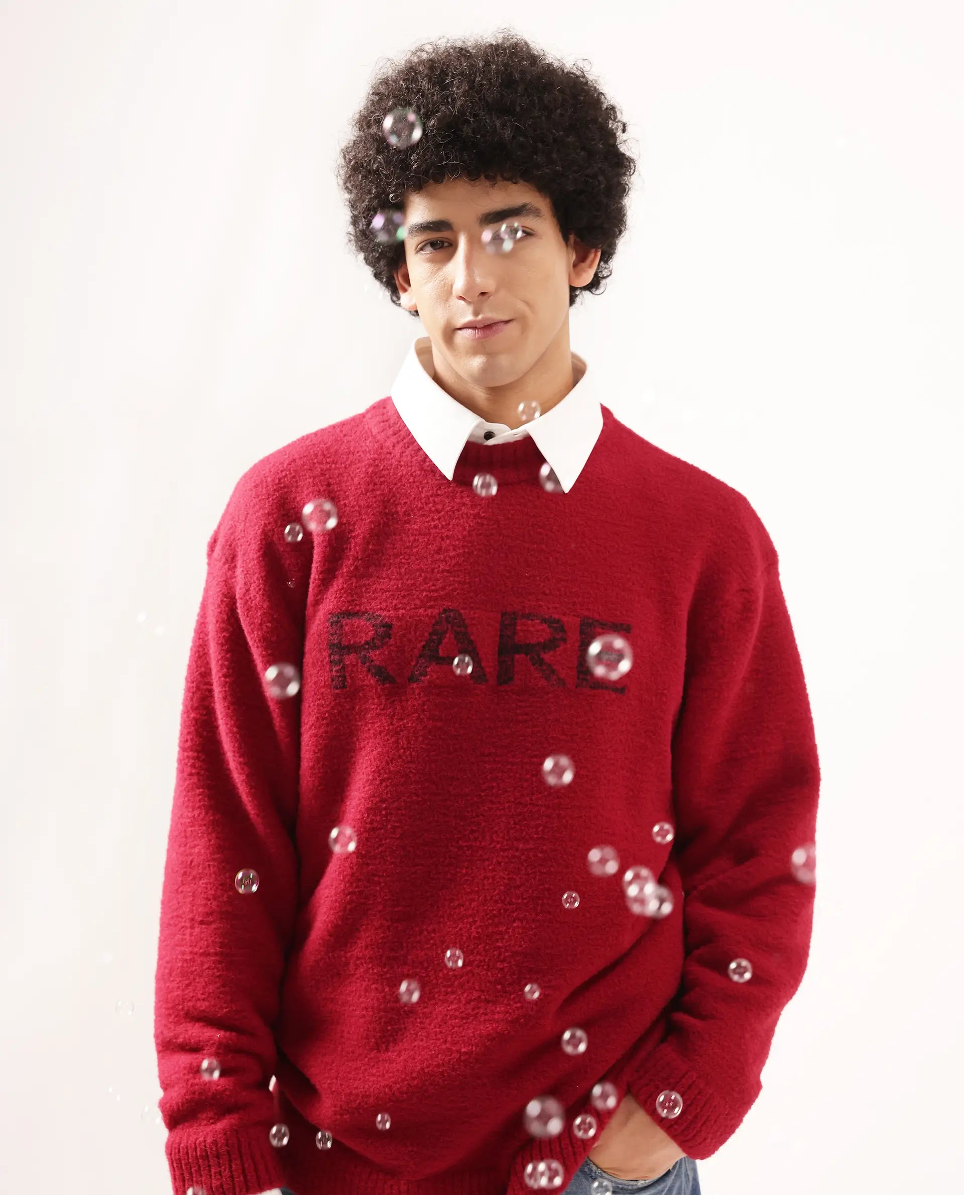 Rare Rabbit Men's Zeo Dark Red Ribbed Full Sleeves and Crew Neck Collar Regular Fit Branded Sweater