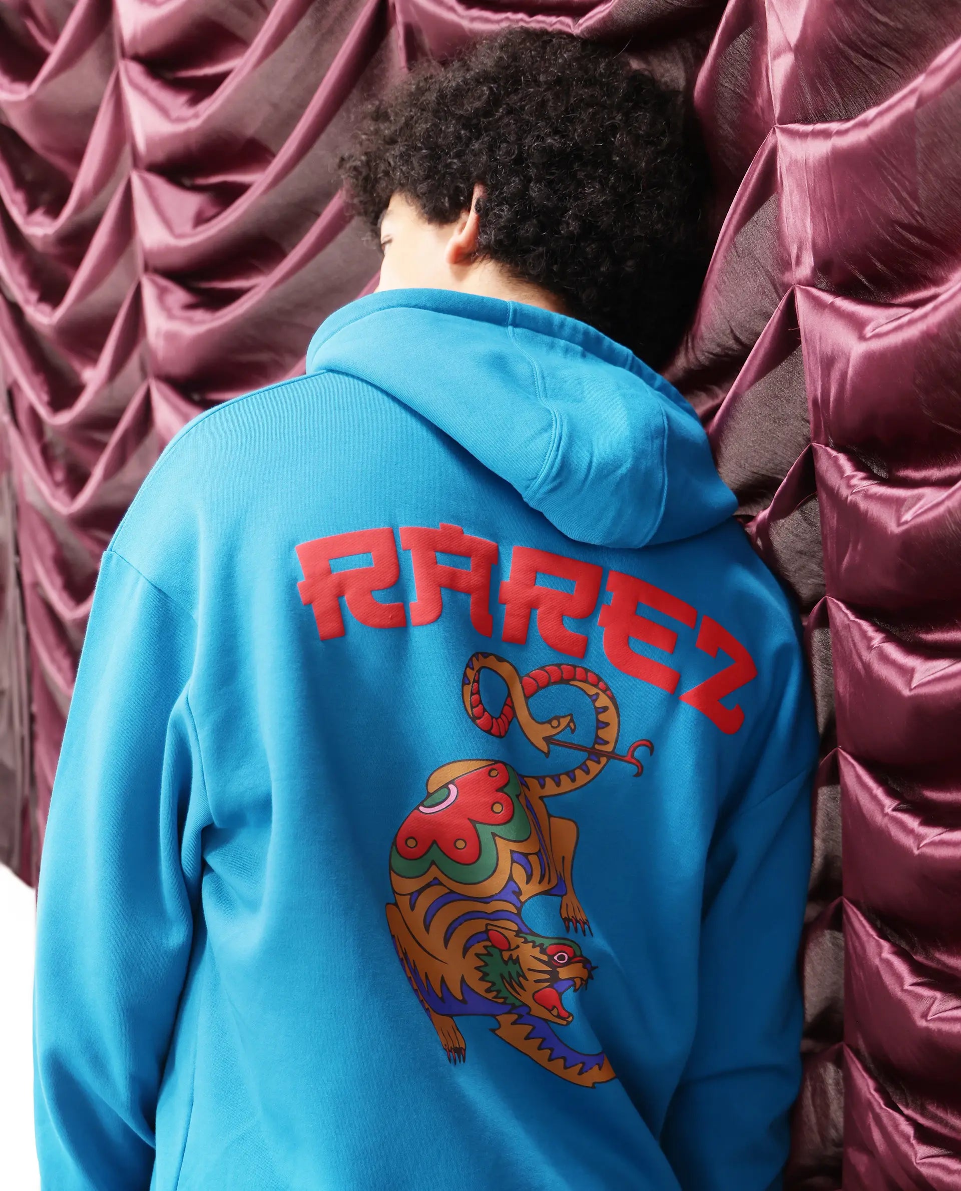 Rare Rabbit Men Dary Flouroscent Blue Cotton Polyester Fabric Full Sleeve Crew Neck Boxy Fit Puff Print Hooded Sweatshirt