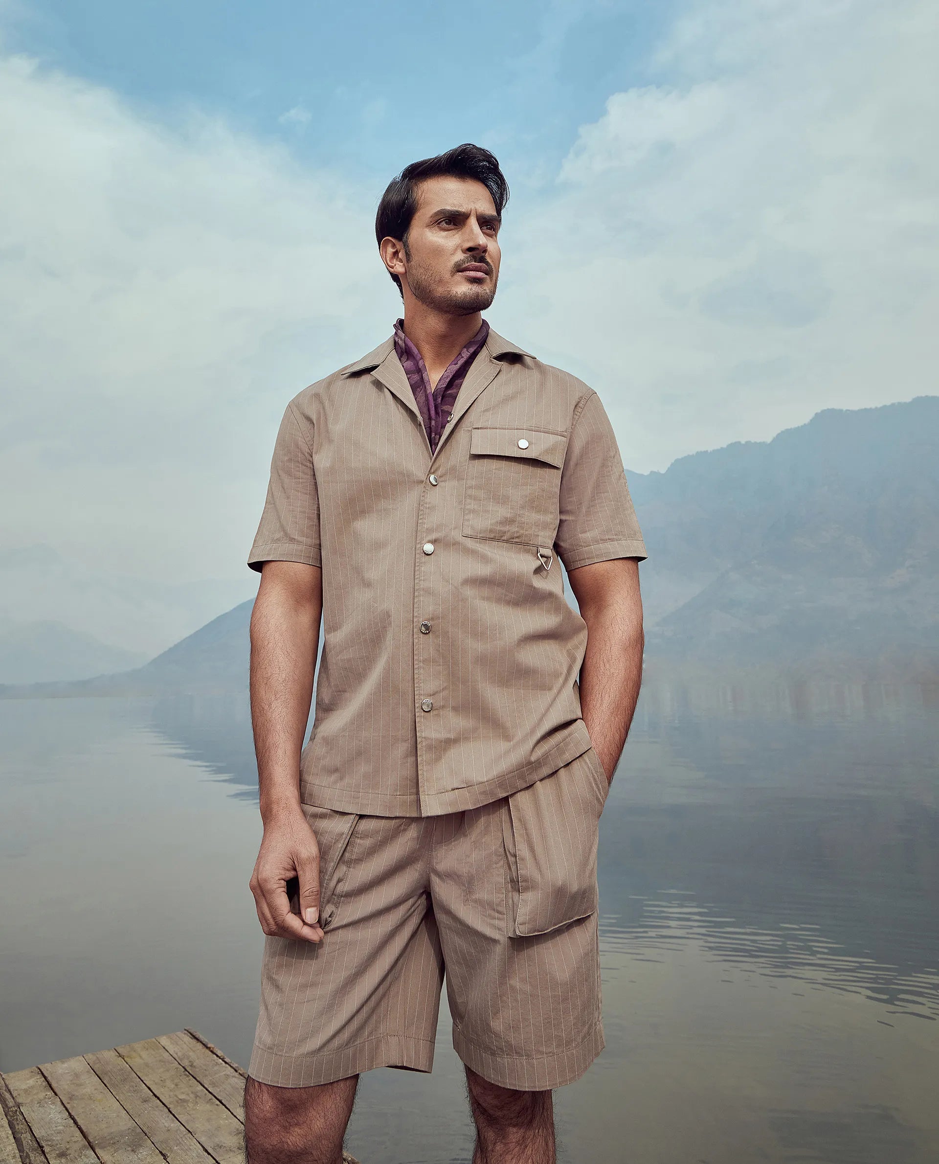 Rare Rabbit Men Haba Dusky Beige Cotton Poly Fabric Short Sleeve Cuban Collar Snap Button Closure Boxy Fit Stripe Shirt