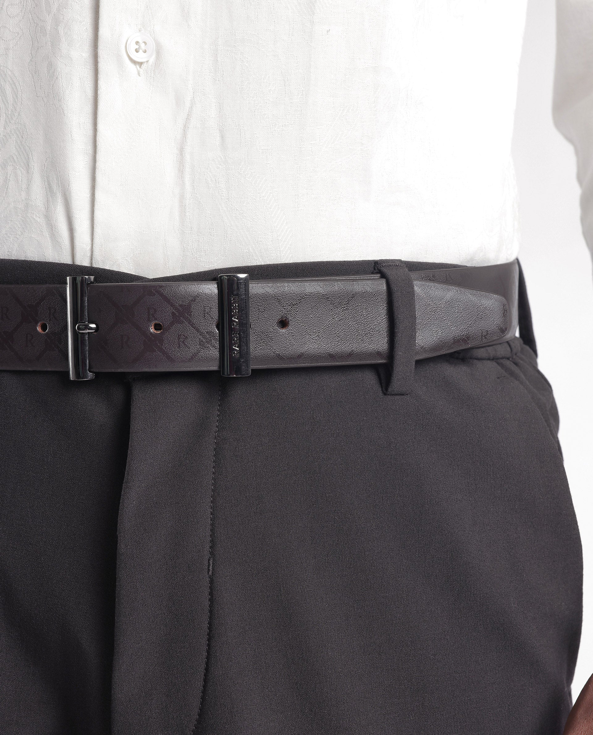 Rare Rabbit Men's Ryan Brown Reversible Monogram Print Gun Metal Belt