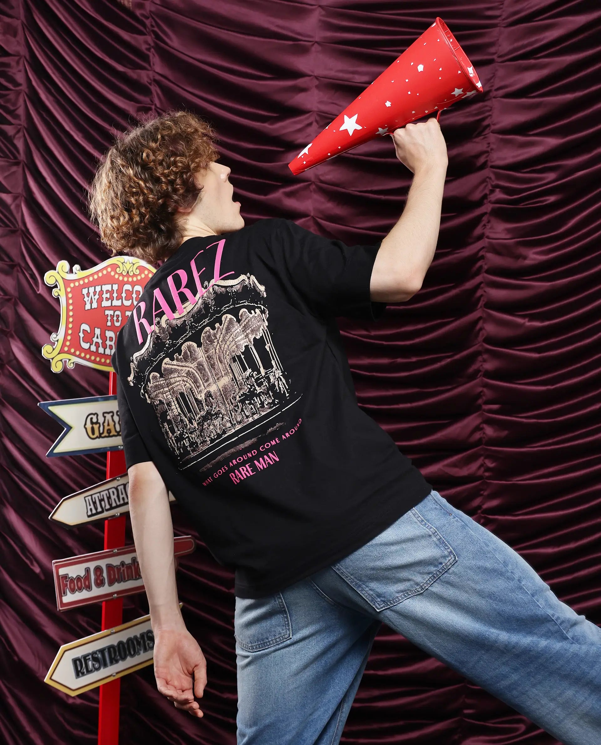 Rare Rabbit Men Carl Black Cotton Fabric Short Sleeve Crew Neck Oversized Fit Graphic Back Print T-Shirt