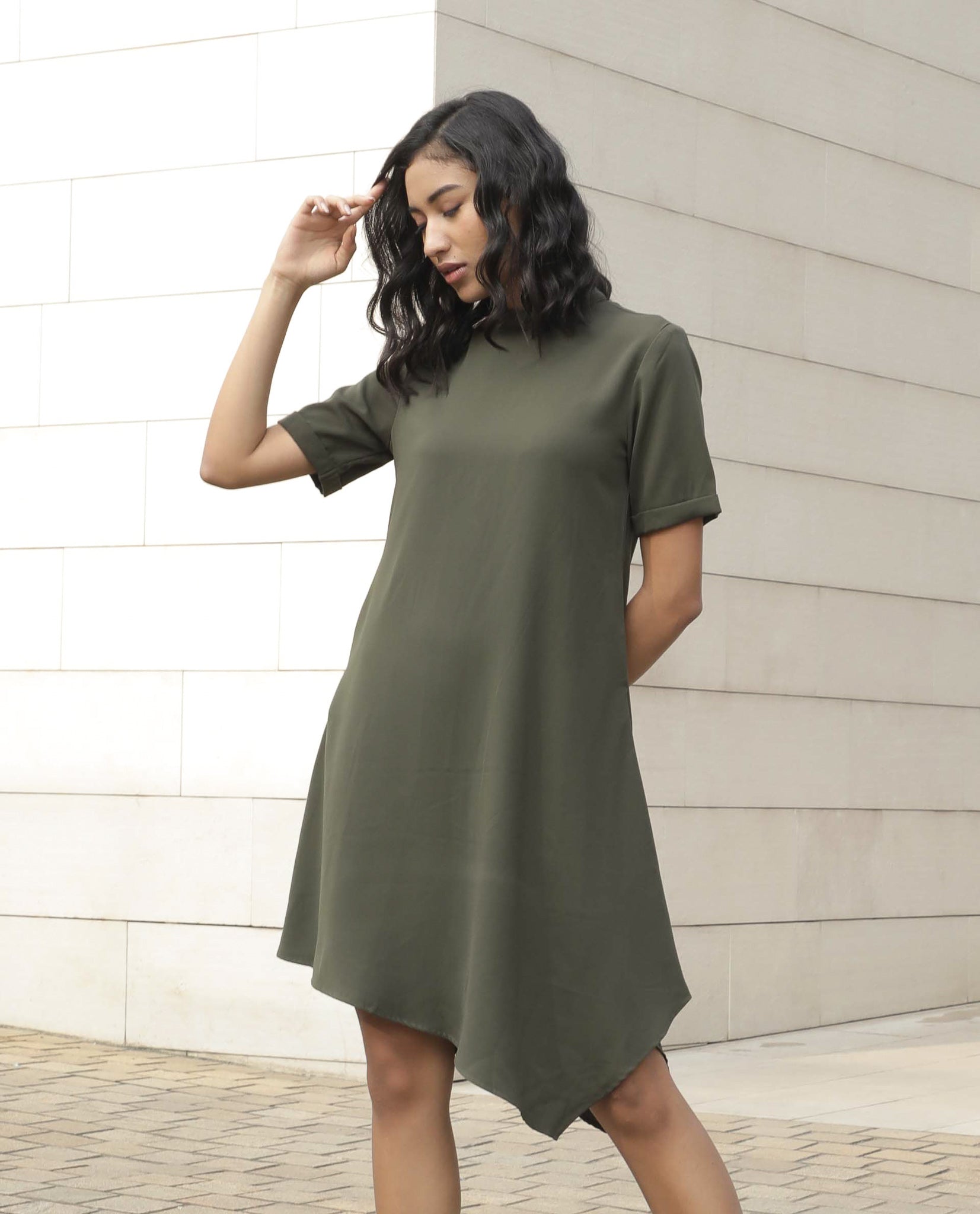 Rareism Women Savce Green Dress Short Sleeves Solid