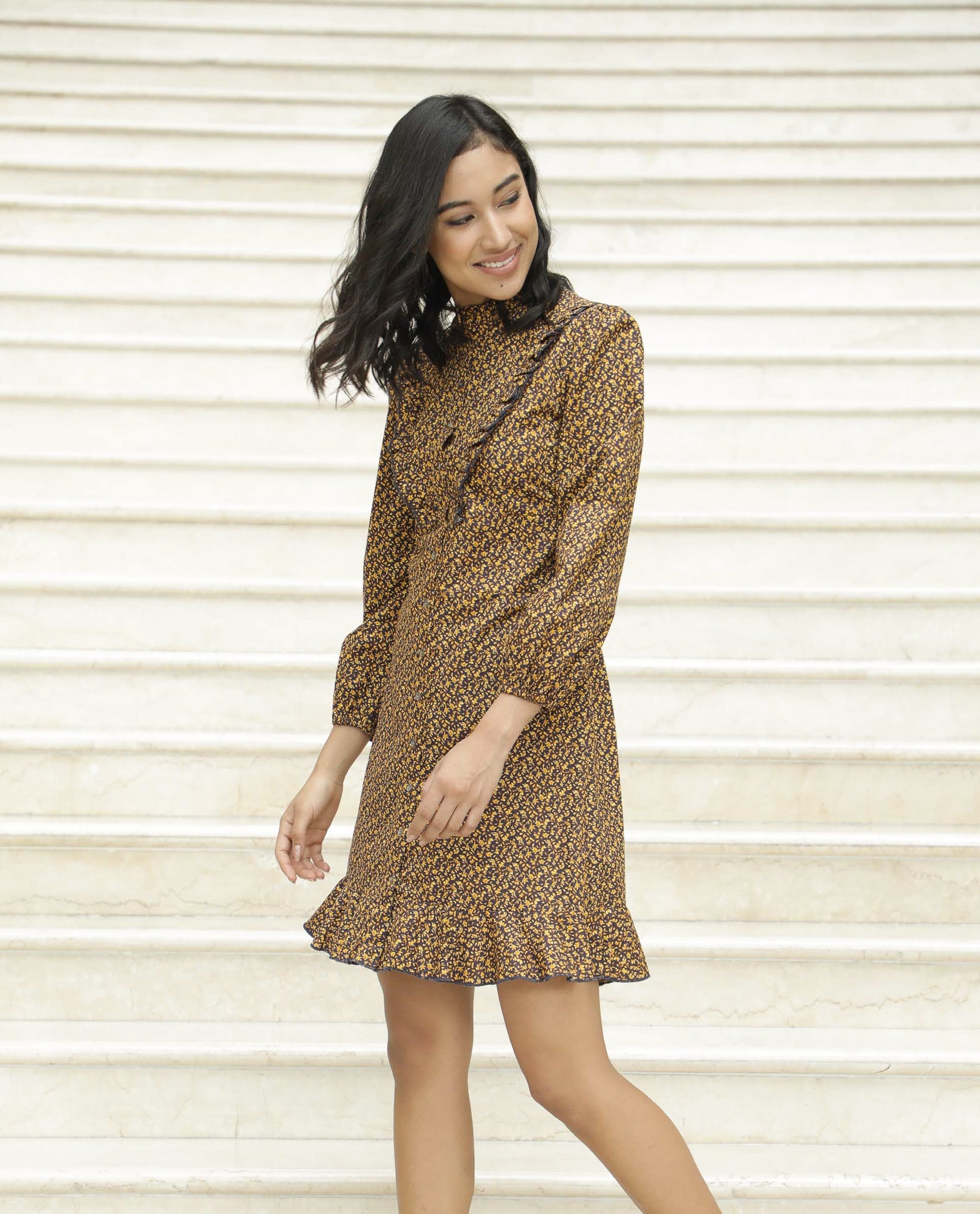 Rareism Women Rex Yellow Printed Mandarin Collar Full Sleeves With Ruffles At The Neck Mini Dress