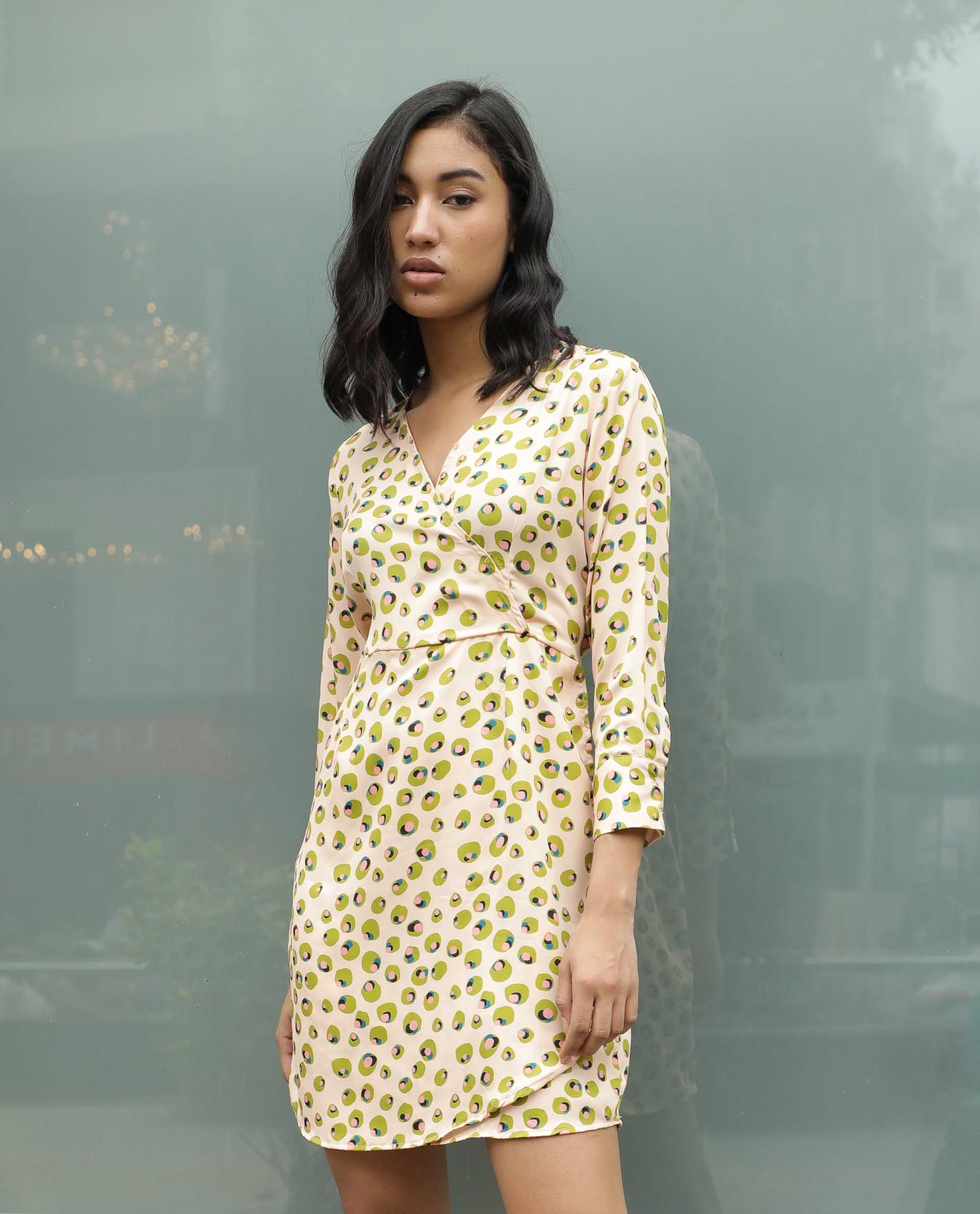 Rareism Women Perk Peach Printed V Wrap Neck Full Sleeves With Cuff And Fabric Waist Belt Mini Dress