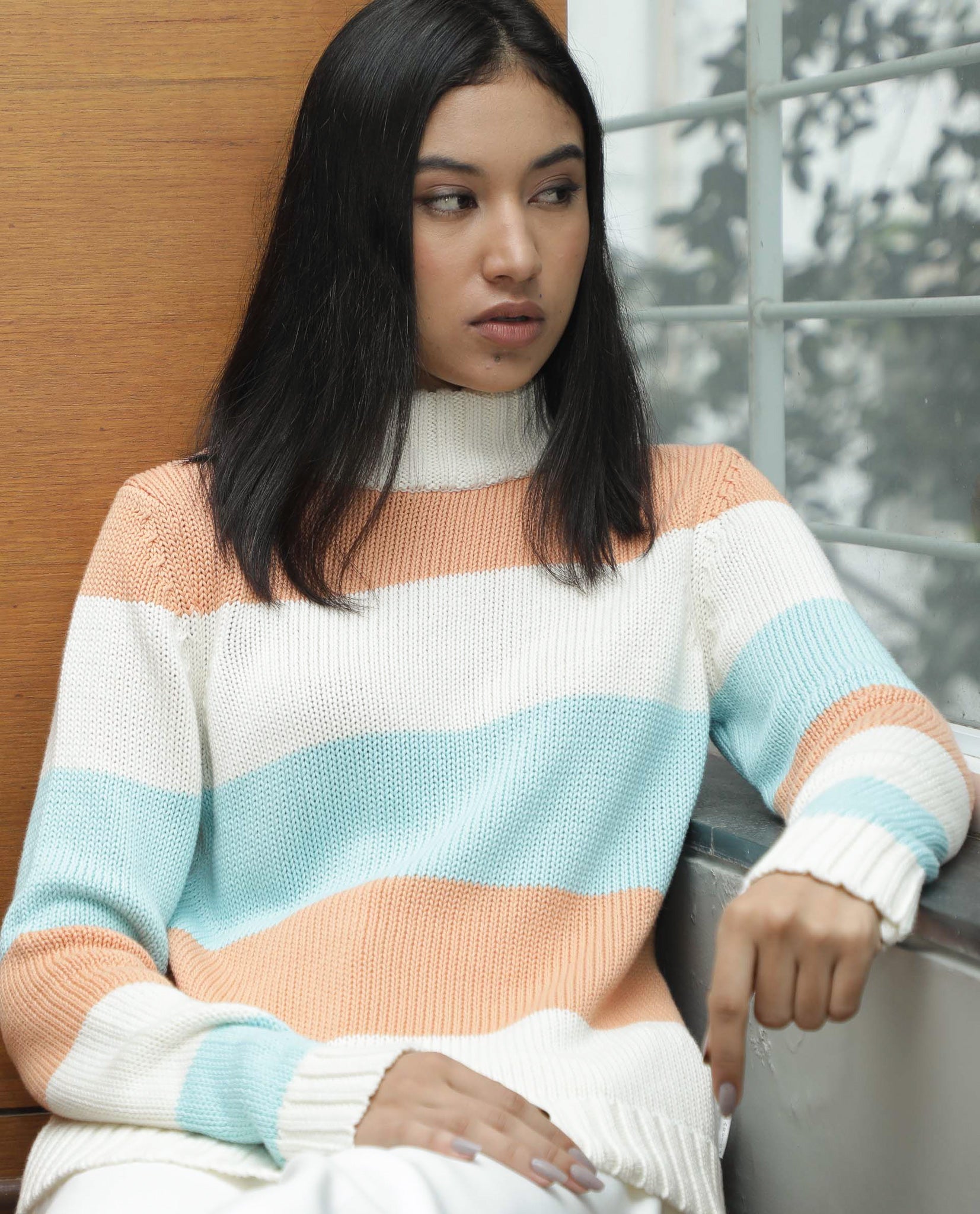 Rareism Women Tony Orange Full Sleeves Regular Fit Color Blocked Turtle Neck Sweater