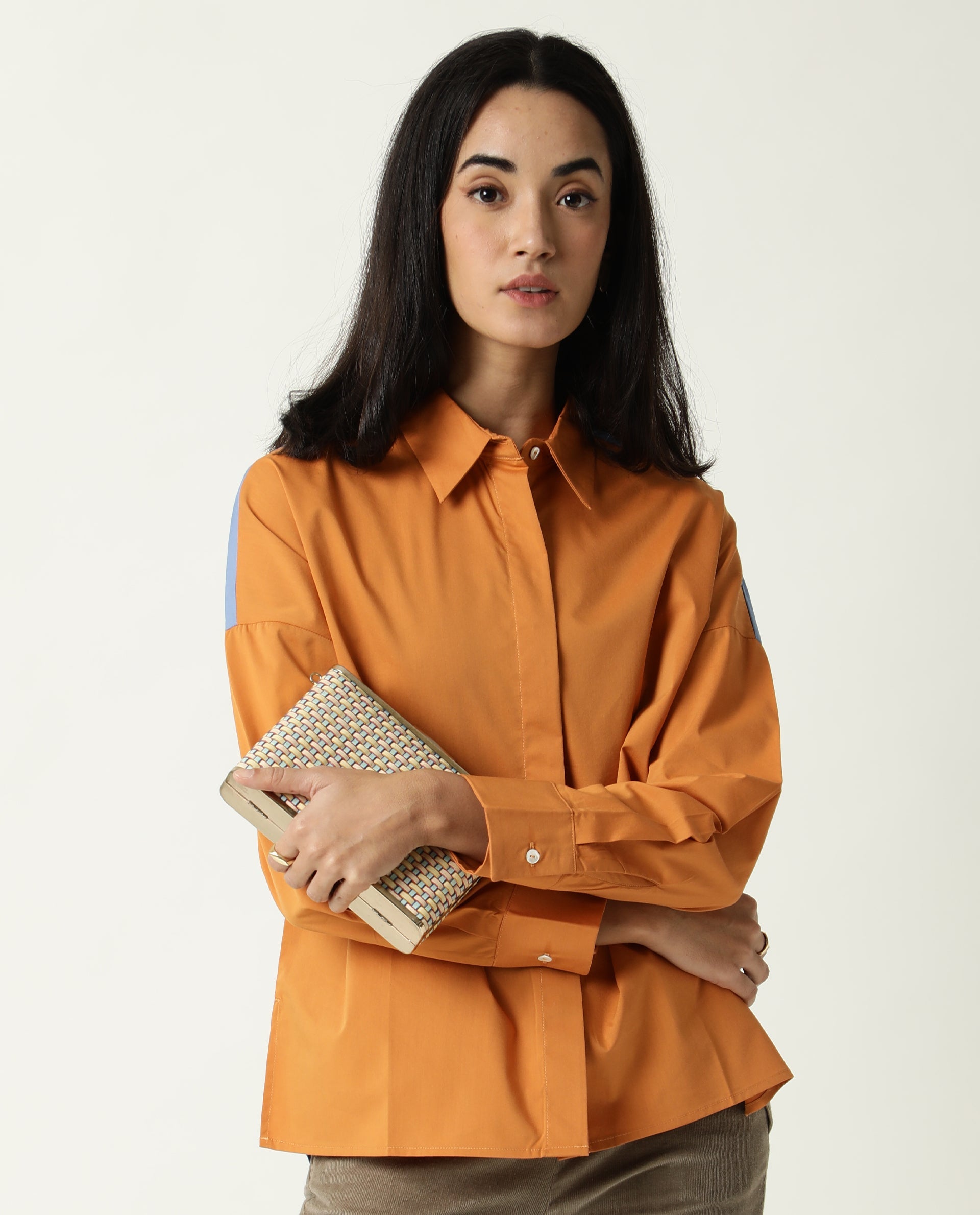Rareism Womens Nellore Orange Top Cotton Lycra Fabric Regular Fit Full Sleeve Collared Neck