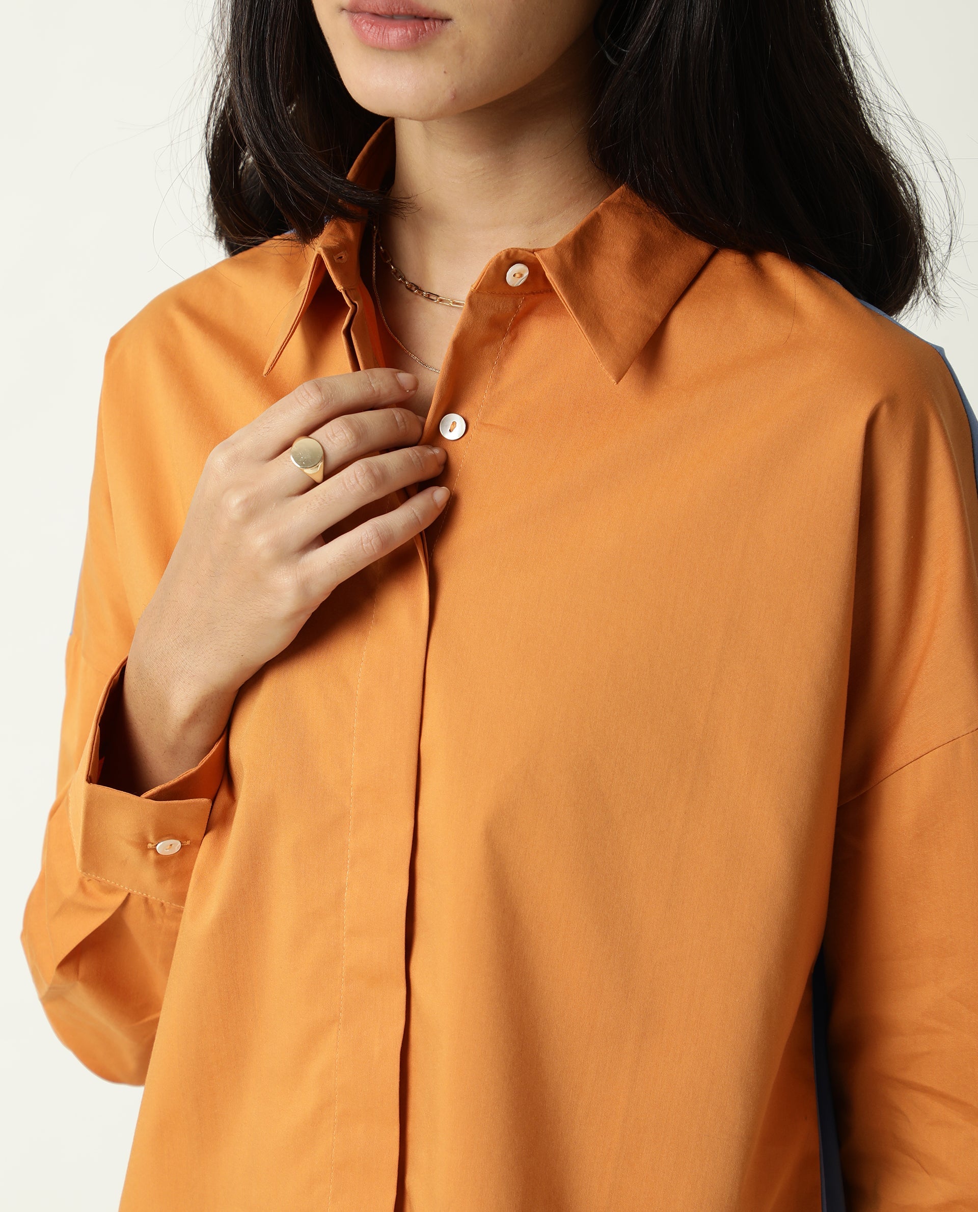Rareism Womens Nellore Orange Top Cotton Lycra Fabric Regular Fit Full Sleeve Collared Neck