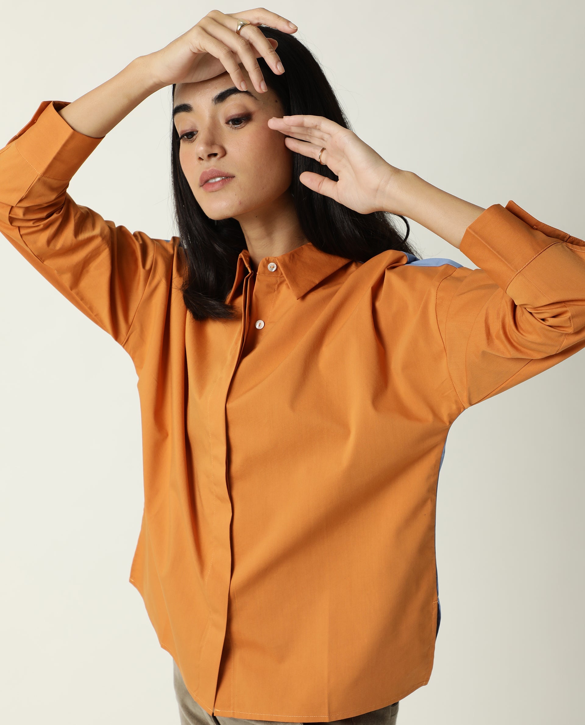 Rareism Womens Nellore Orange Top Cotton Lycra Fabric Regular Fit Full Sleeve Collared Neck