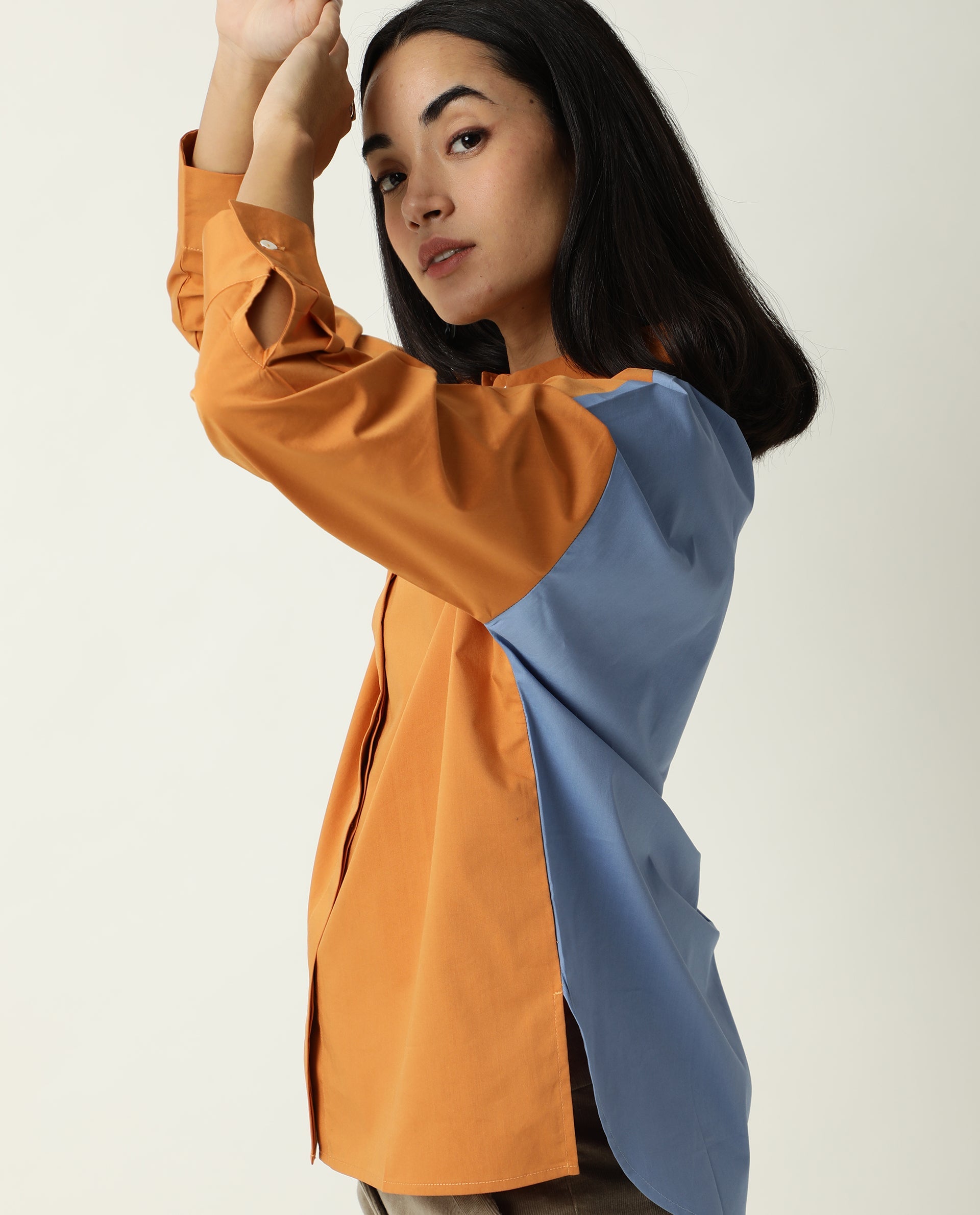 Rareism Womens Nellore Orange Top Cotton Lycra Fabric Regular Fit Full Sleeve Collared Neck