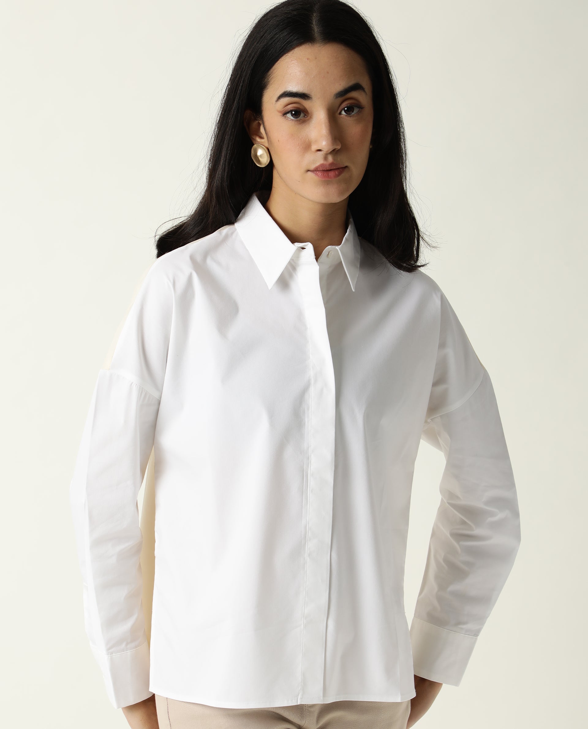 Rareism Women Nellore White Cotton Lycra Fabric Regular Fit Shirt Collar Full Sleeves Solid Top
