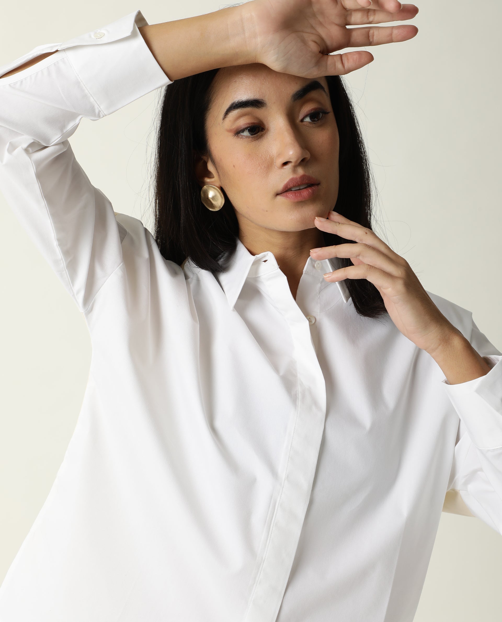 Rareism Women Nellore White Cotton Lycra Fabric Regular Fit Shirt Collar Full Sleeves Solid Top