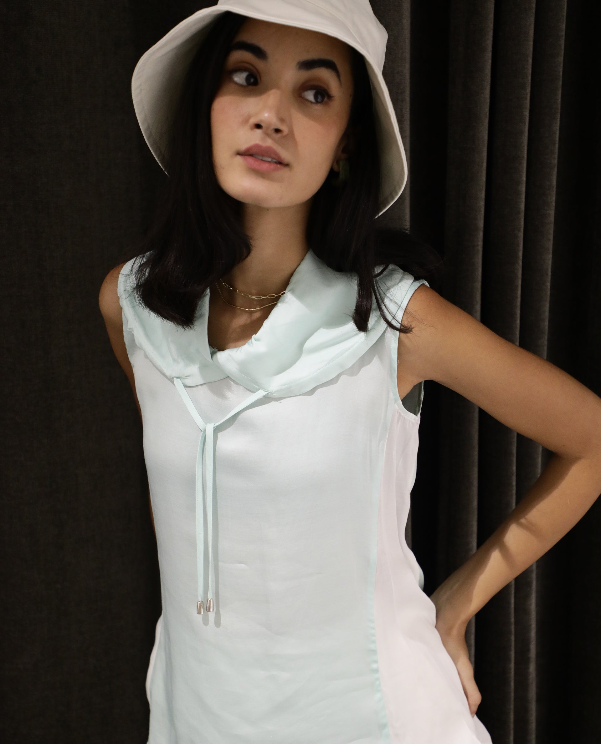 Rareism Womens Tons Green Top Modal Satin Fabric Regular Fit Sleeveless Hooded Neck