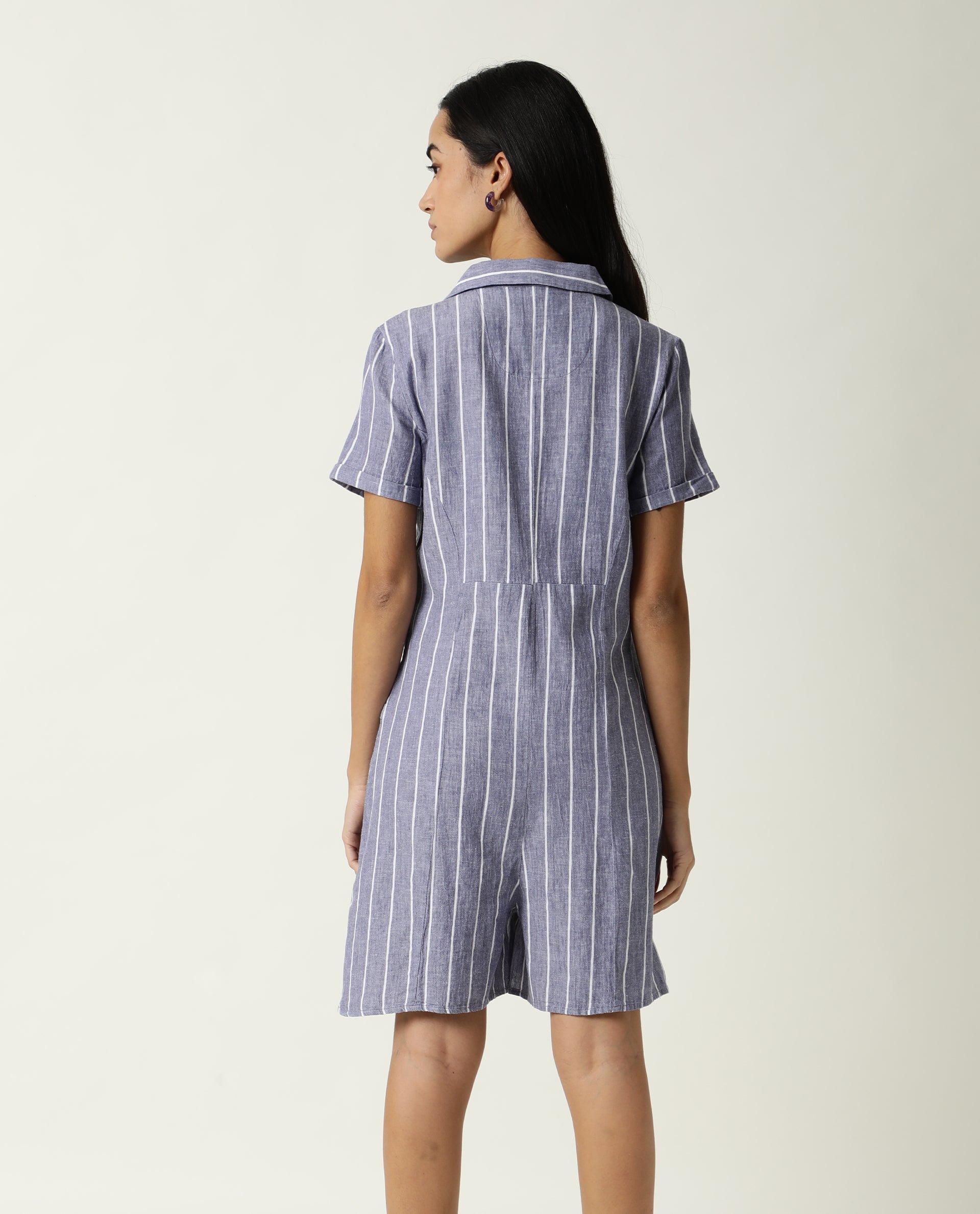Rareism Women Lucio Blue Cotton Linen Fabric Tailored Fit Shirt Collar Striped Playsuit