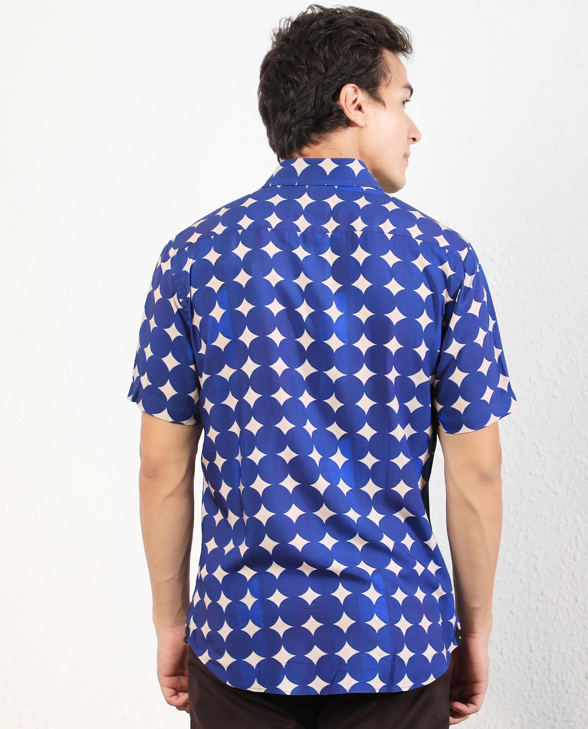 Rare Rabbit Men's Clinton Blue Viscose Fabric Geometric Print Half Sleeves Shirt