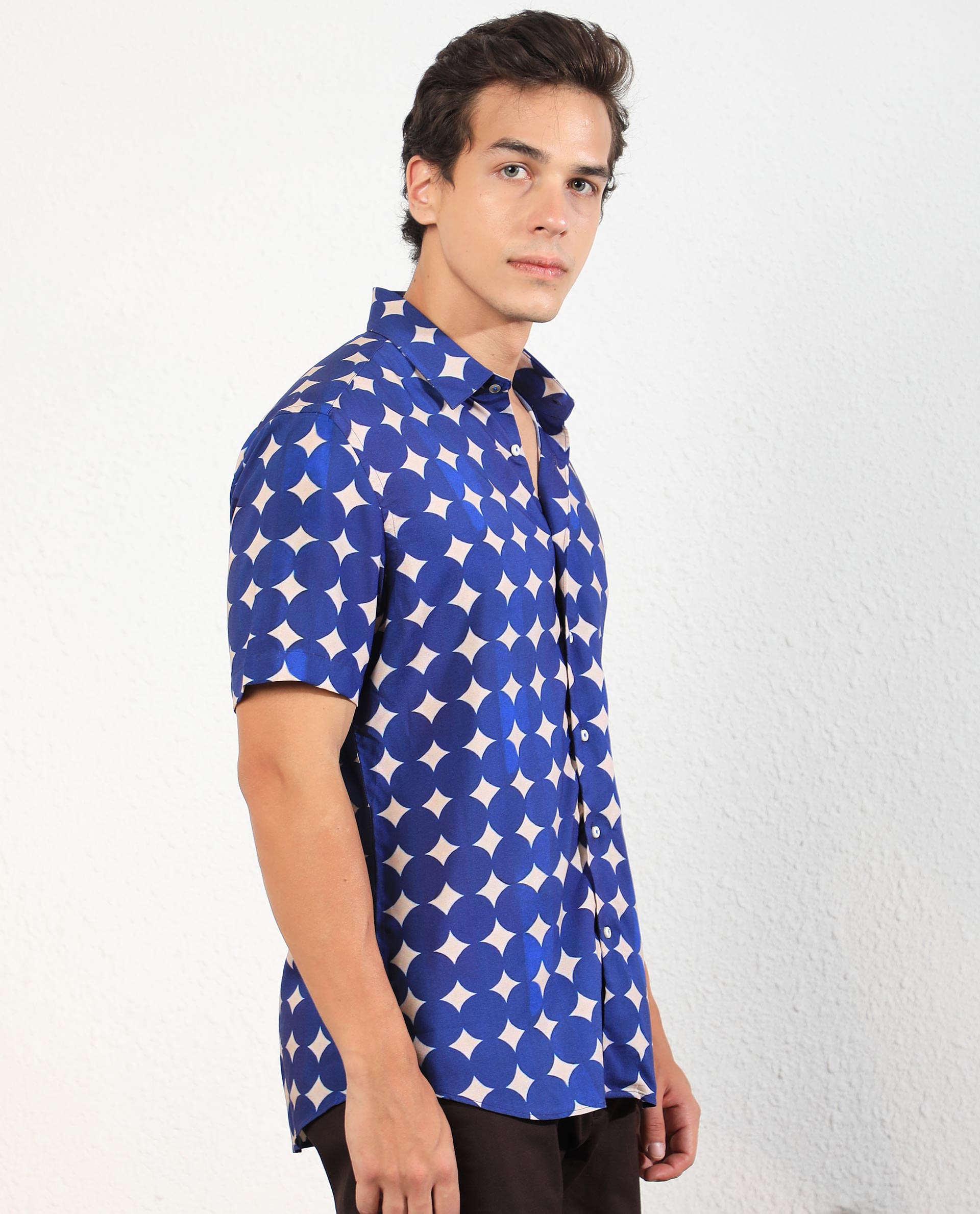 Rare Rabbit Men's Clinton Blue Viscose Fabric Geometric Print Half Sleeves Shirt