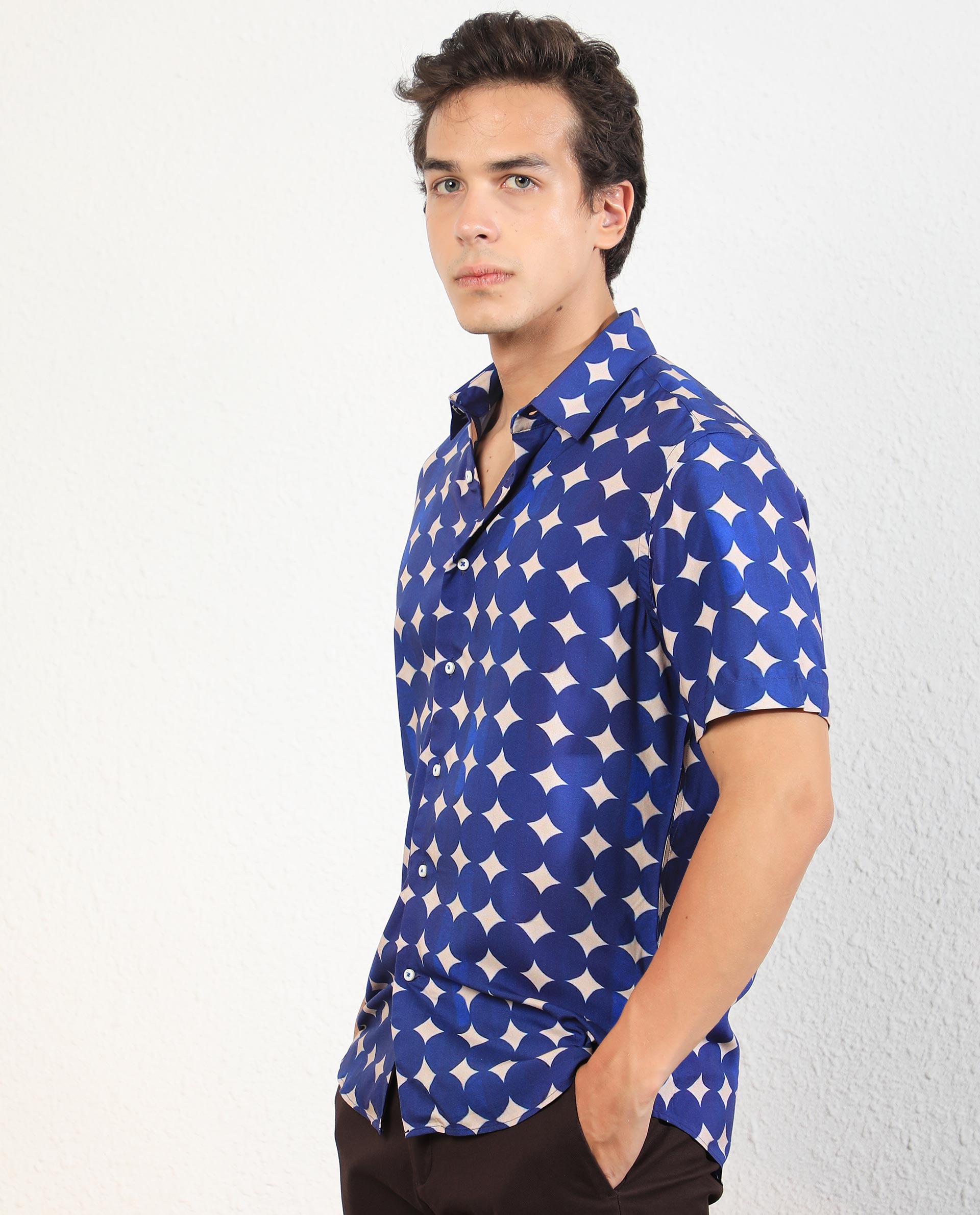 Rare Rabbit Men's Clinton Blue Viscose Fabric Geometric Print Half Sleeves Shirt